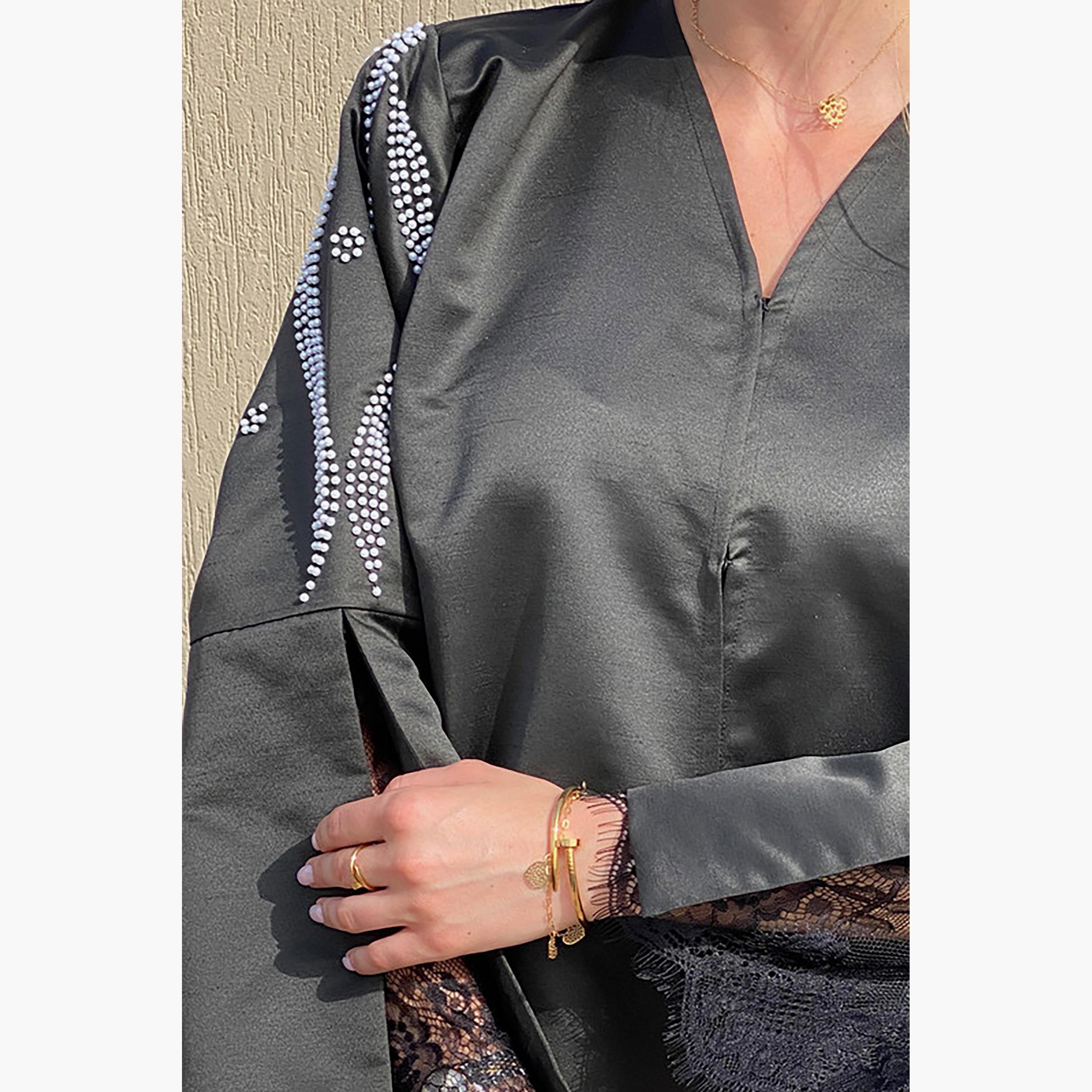 MOiSTREET Grey Beaded Satin Slit Pocket Abaya with Sheila-women-arabicclothing-abayas-image-3