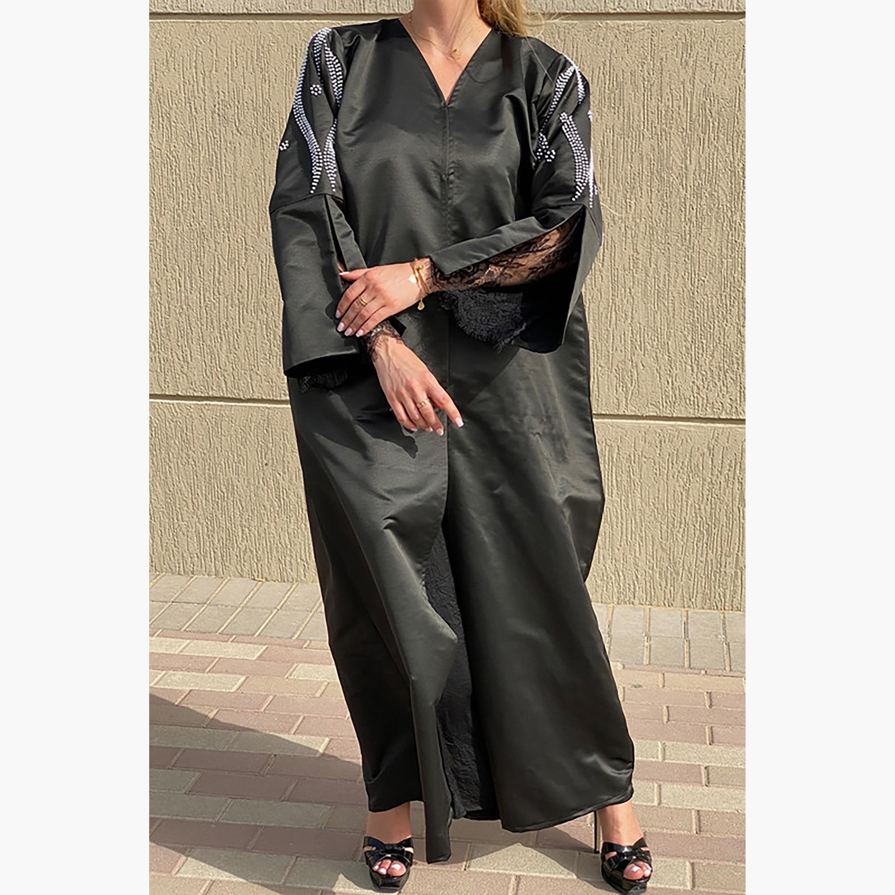 MOiSTREET Grey Beaded Satin Slit Pocket Abaya with Sheila-women-arabicclothing-abayas-image-4