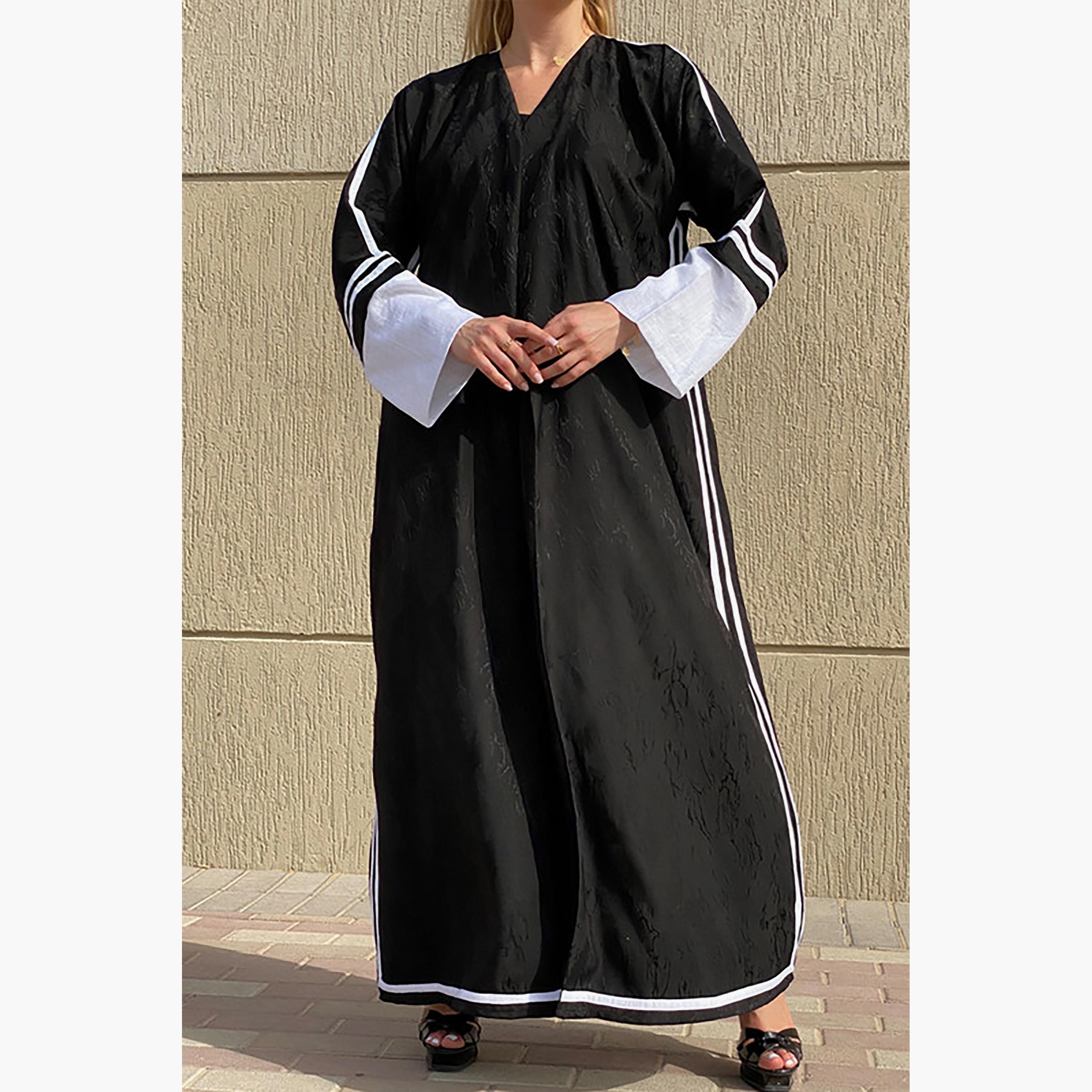 MOiSTREET Black Piping Detailed Jacquard Abaya with Sheila-women-arabicclothing-abayas-image-1