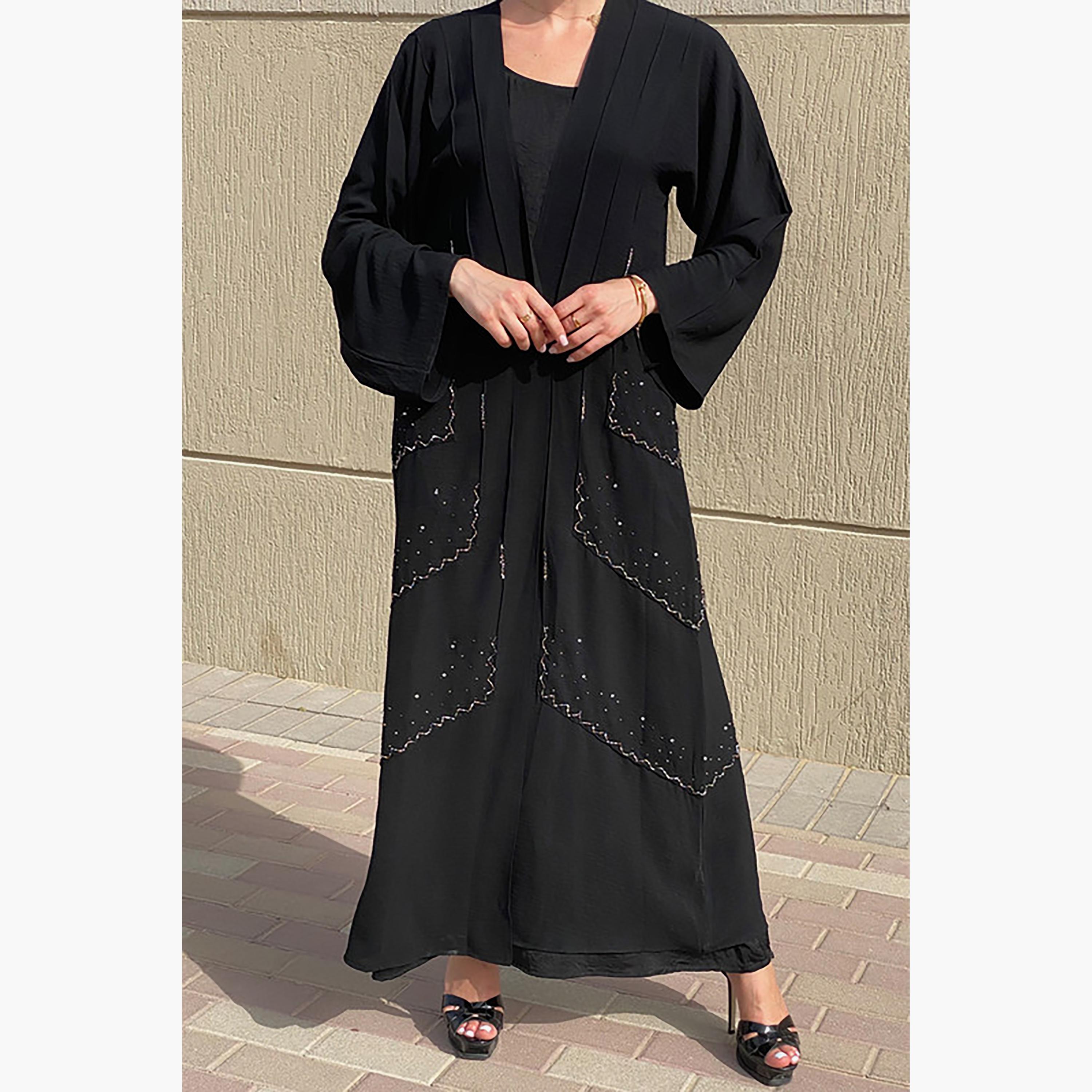 MOiSTREET Black Embellished Cey Fabric Flared Sleeves Abaya with Sheila-women-arabicclothing-abayas-image-1