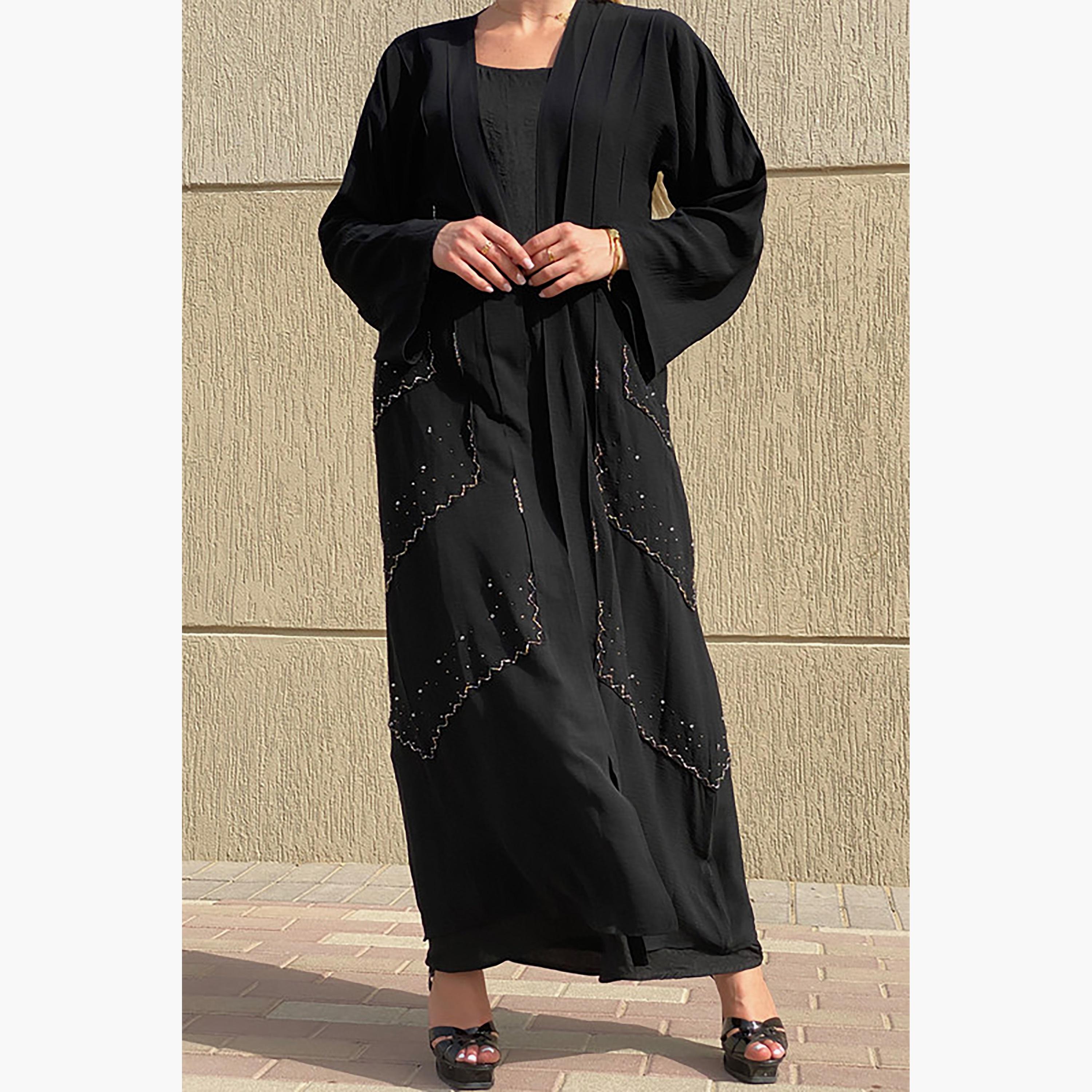 MOiSTREET Black Embellished Cey Fabric Flared Sleeves Abaya with Sheila-women-arabicclothing-abayas-image-3