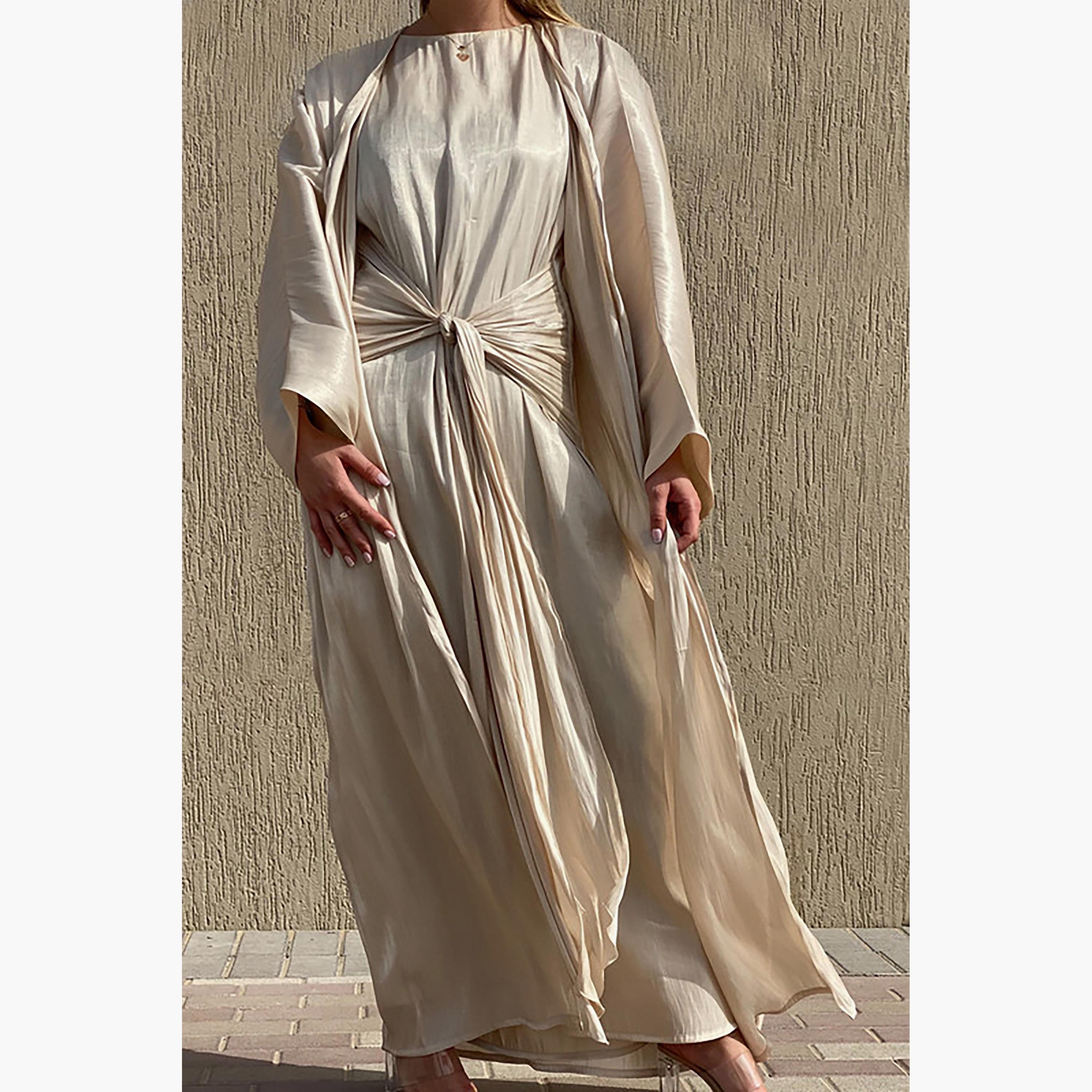 MOiSTREET 3-Piece Set Beige Rotana Shimmer Flared Sleeves Abaya and Inner Dress with Sheila-women-arabicclothing-abayainner-image-1
