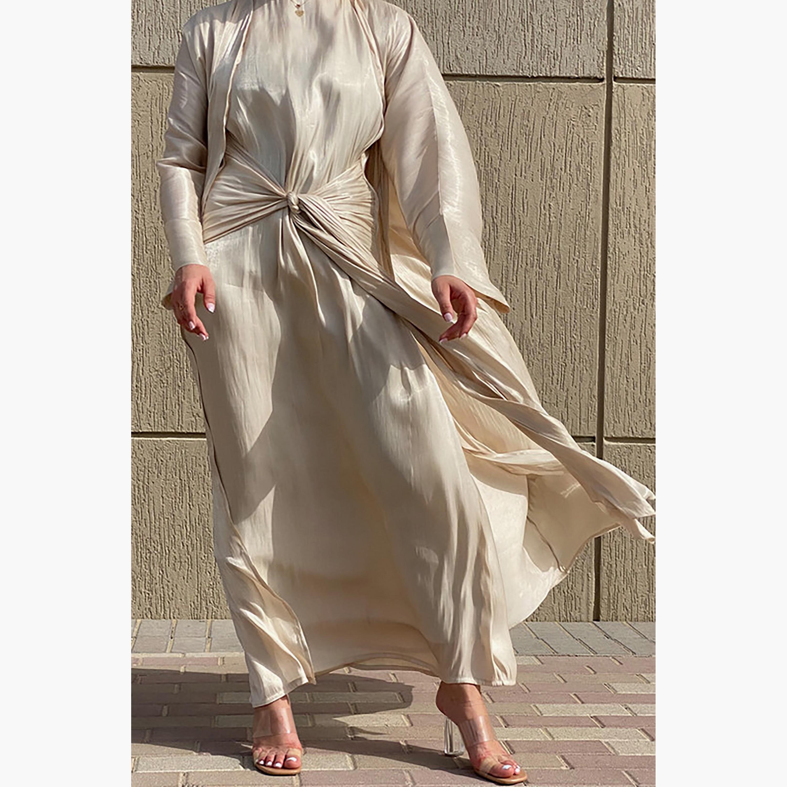 MOiSTREET 3-Piece Set Beige Rotana Shimmer Flared Sleeves Abaya and Inner Dress with Sheila-women-arabicclothing-abayainner-image-3