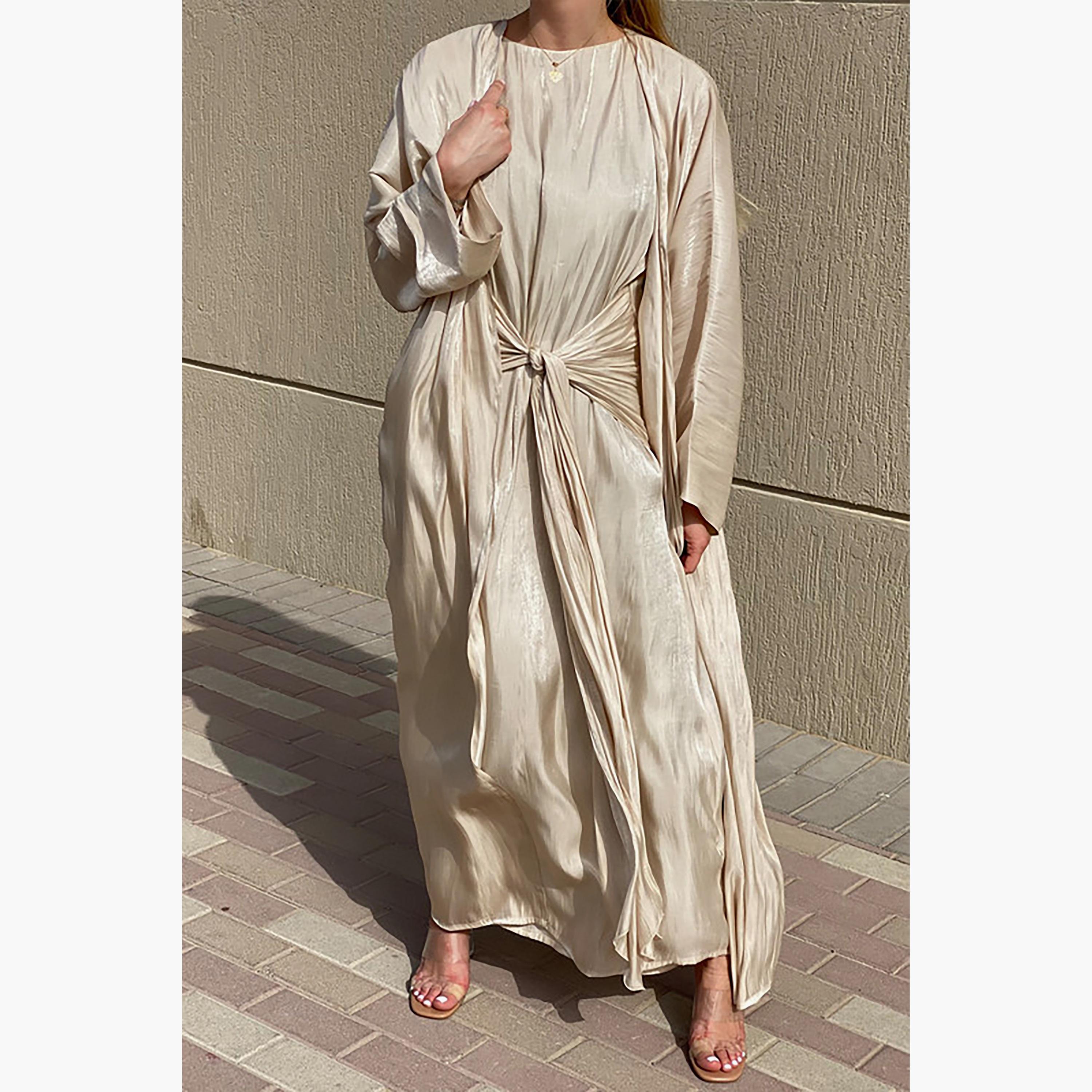 MOiSTREET 3-Piece Set Beige Rotana Shimmer Flared Sleeves Abaya and Inner Dress with Sheila-women-arabicclothing-abayainner-image-4