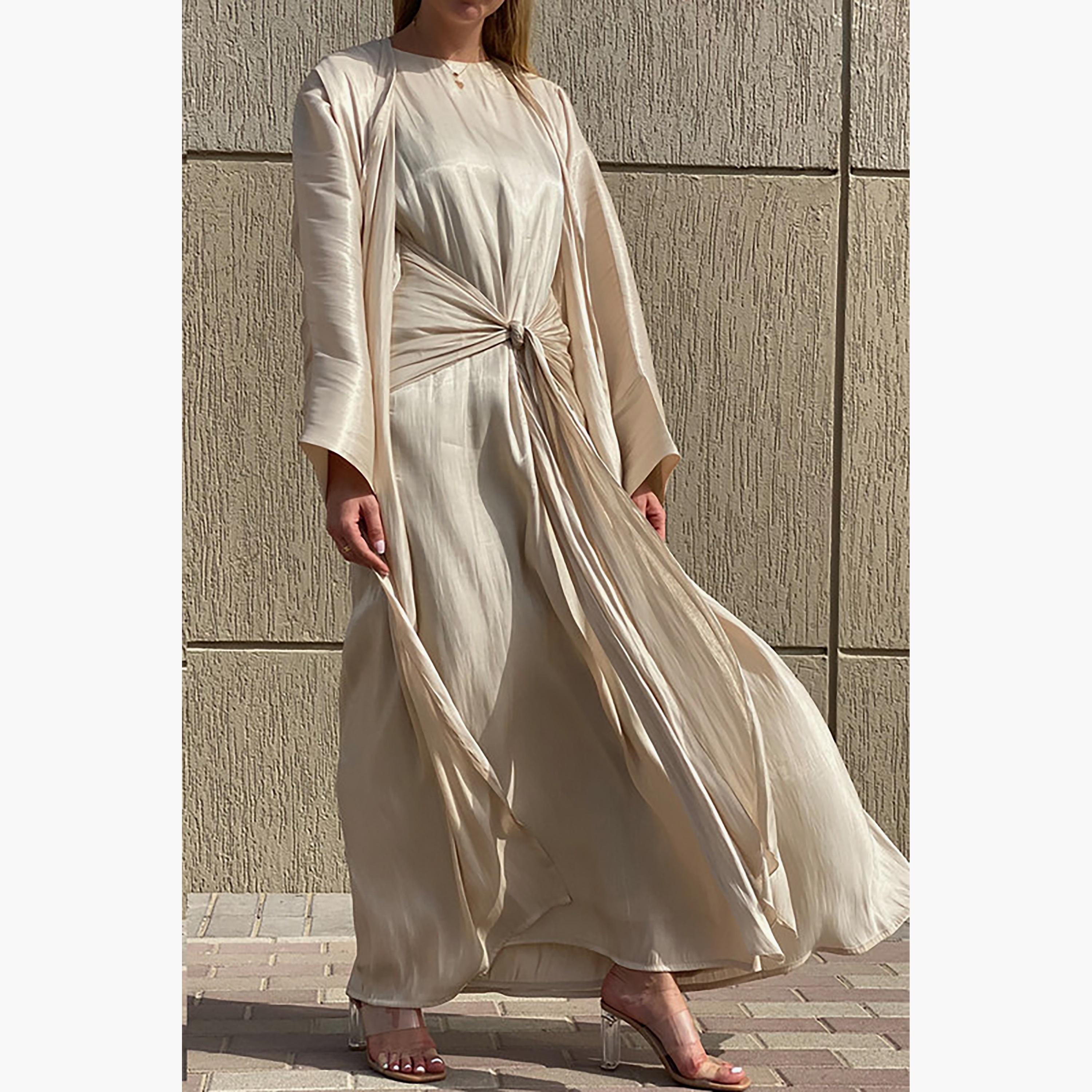 MOiSTREET 3-Piece Set Beige Rotana Shimmer Flared Sleeves Abaya and Inner Dress with Sheila-women-arabicclothing-abayainner-image-5