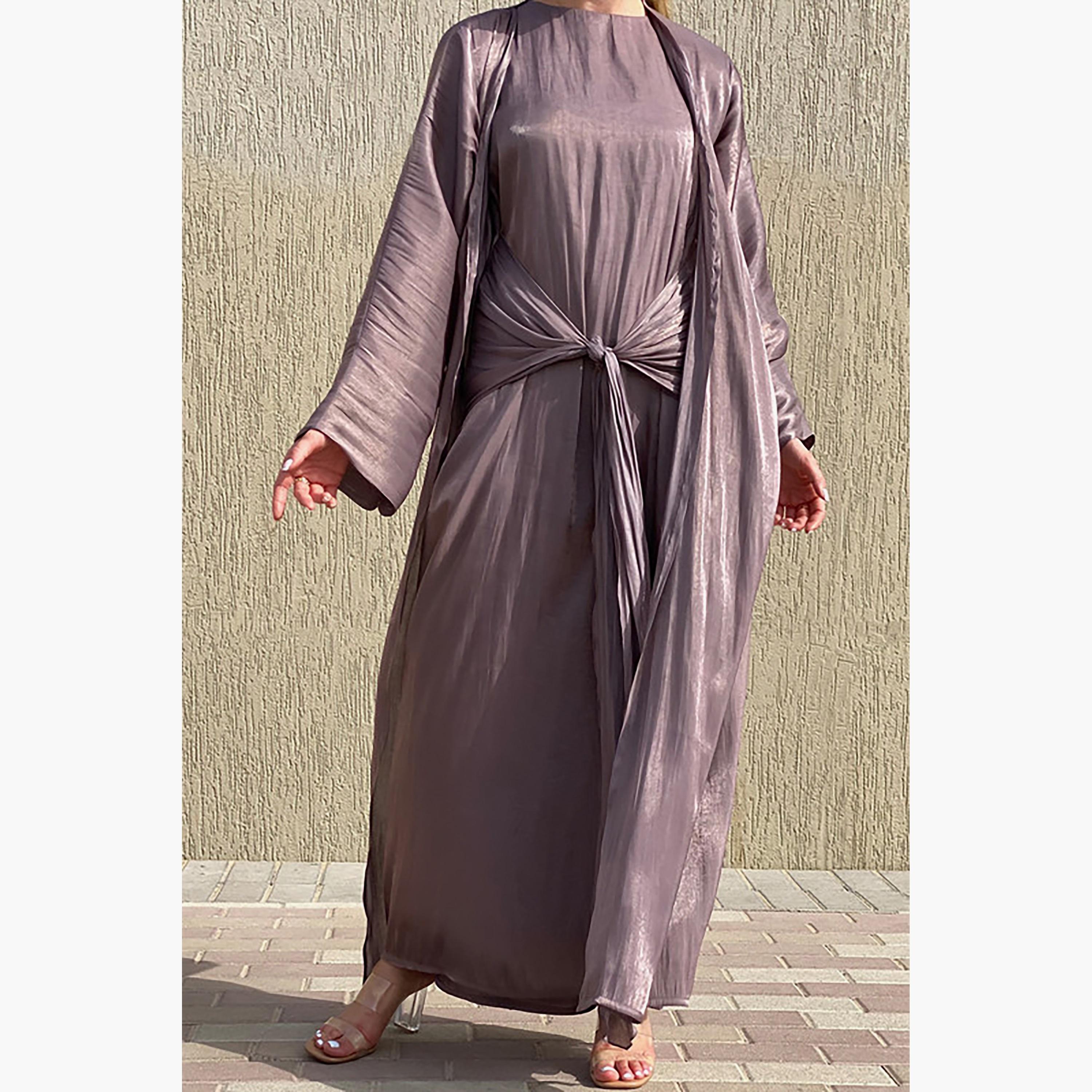 MOiSTREET 3-Piece Set Pink Rotana Shimmer Flared Sleeves Abaya and Inner Dress with Sheila-women-arabicclothing-abayainner-image-1