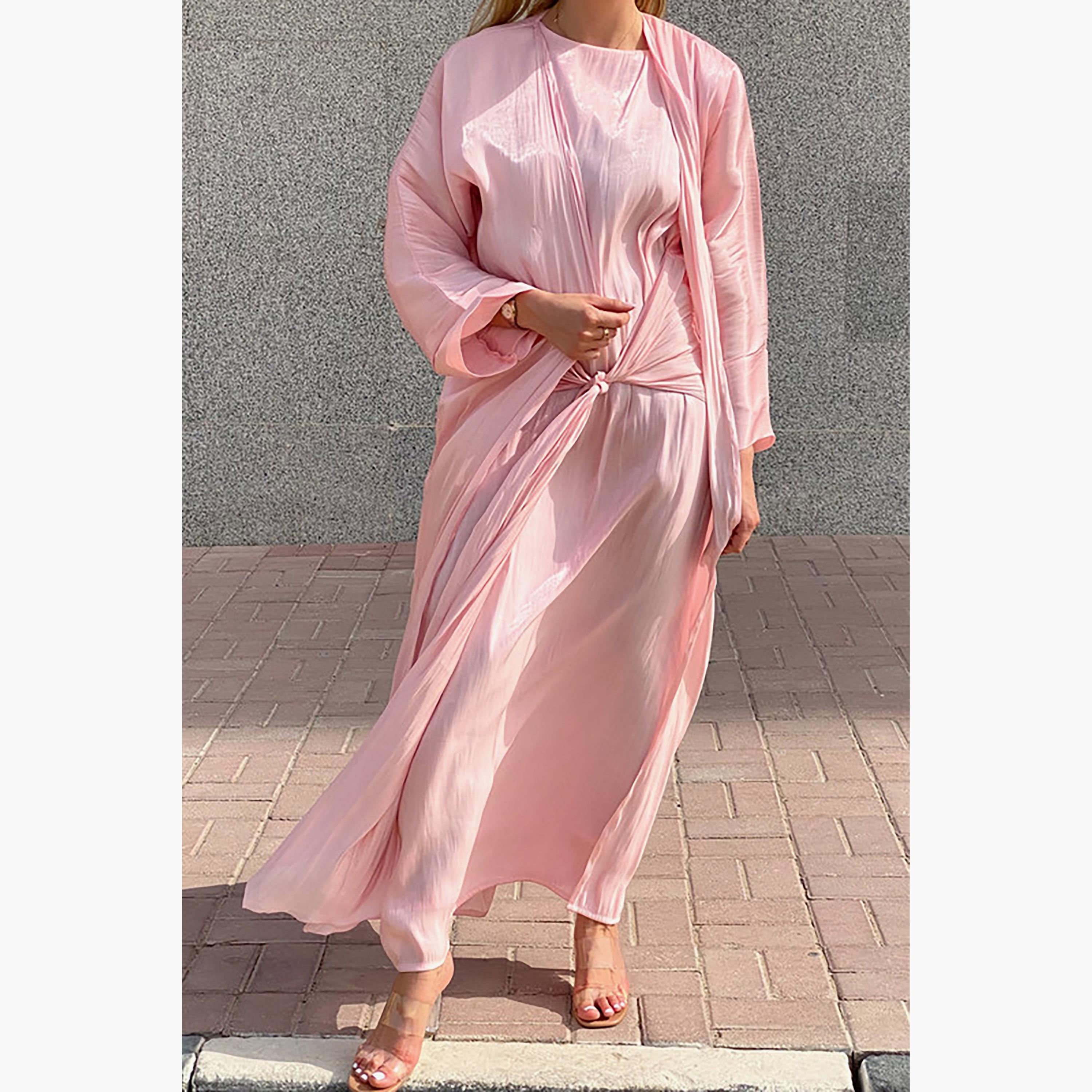MOiSTREET 3-Piece Set Pink Rotana Shimmer Flared Sleeves Abaya and Inner Dress with Sheila-women-arabicclothing-abayainner-image-1