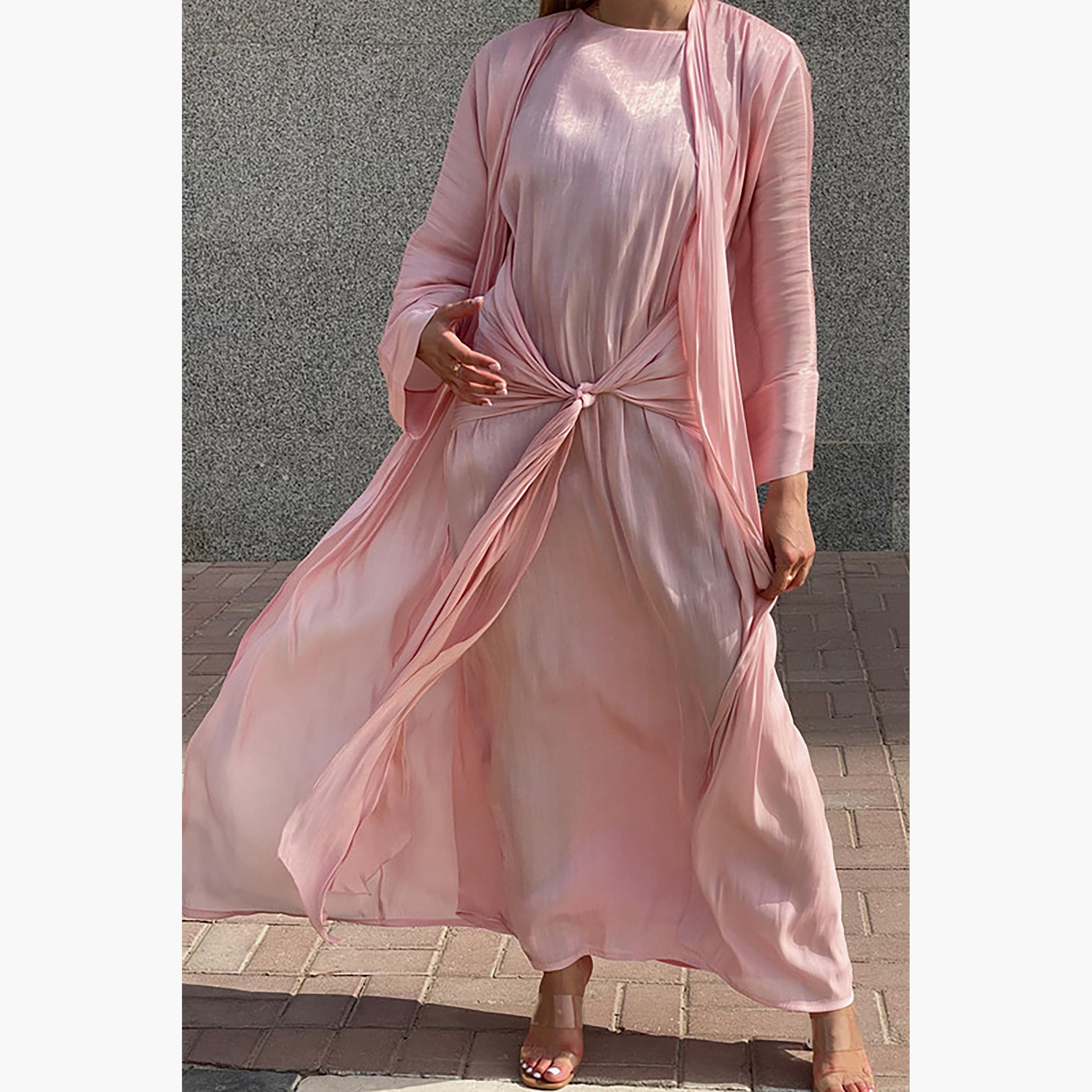 MOiSTREET 3-Piece Set Pink Rotana Shimmer Flared Sleeves Abaya and Inner Dress with Sheila-women-arabicclothing-abayainner-image-3