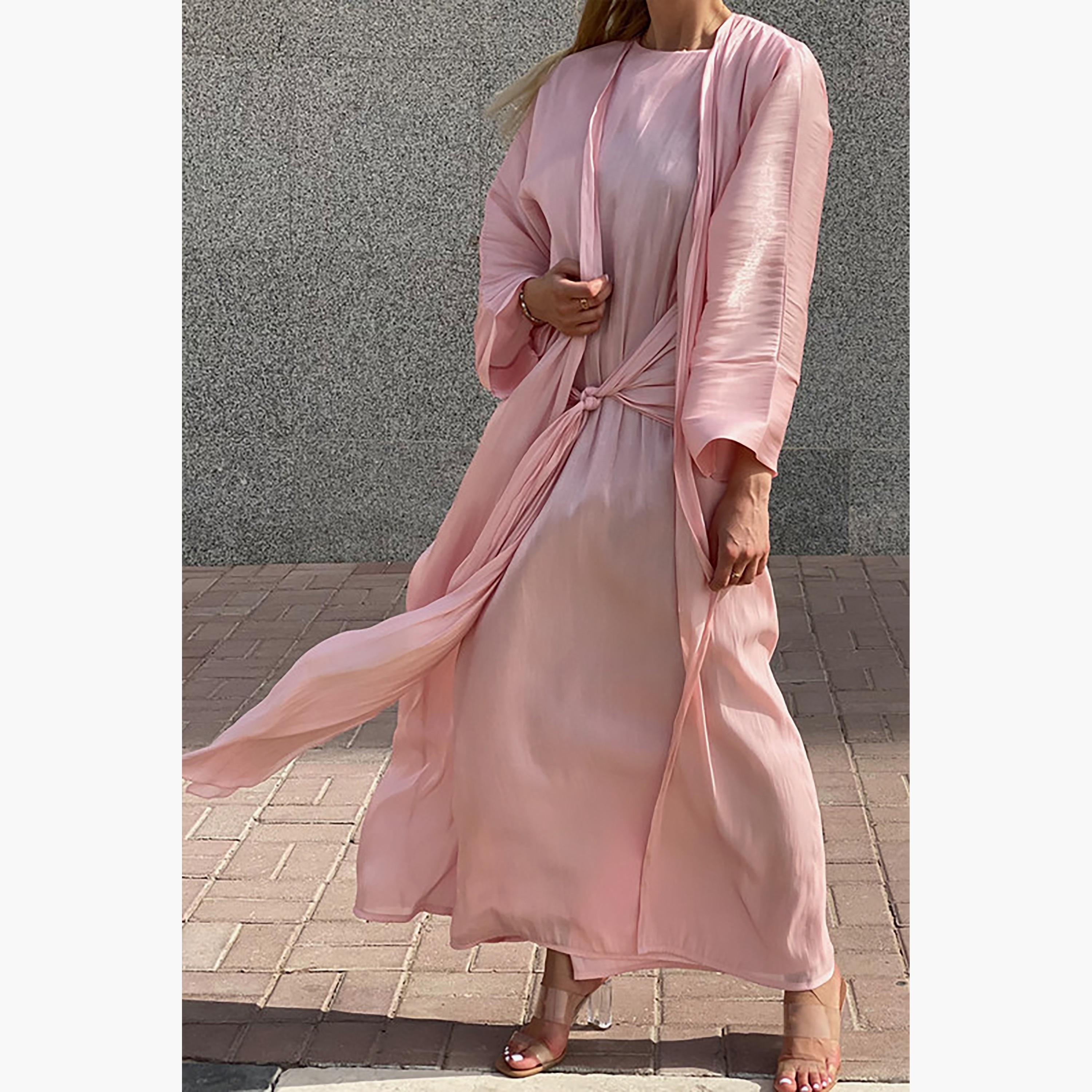 MOiSTREET 3-Piece Set Pink Rotana Shimmer Flared Sleeves Abaya and Inner Dress with Sheila-women-arabicclothing-abayainner-image-4