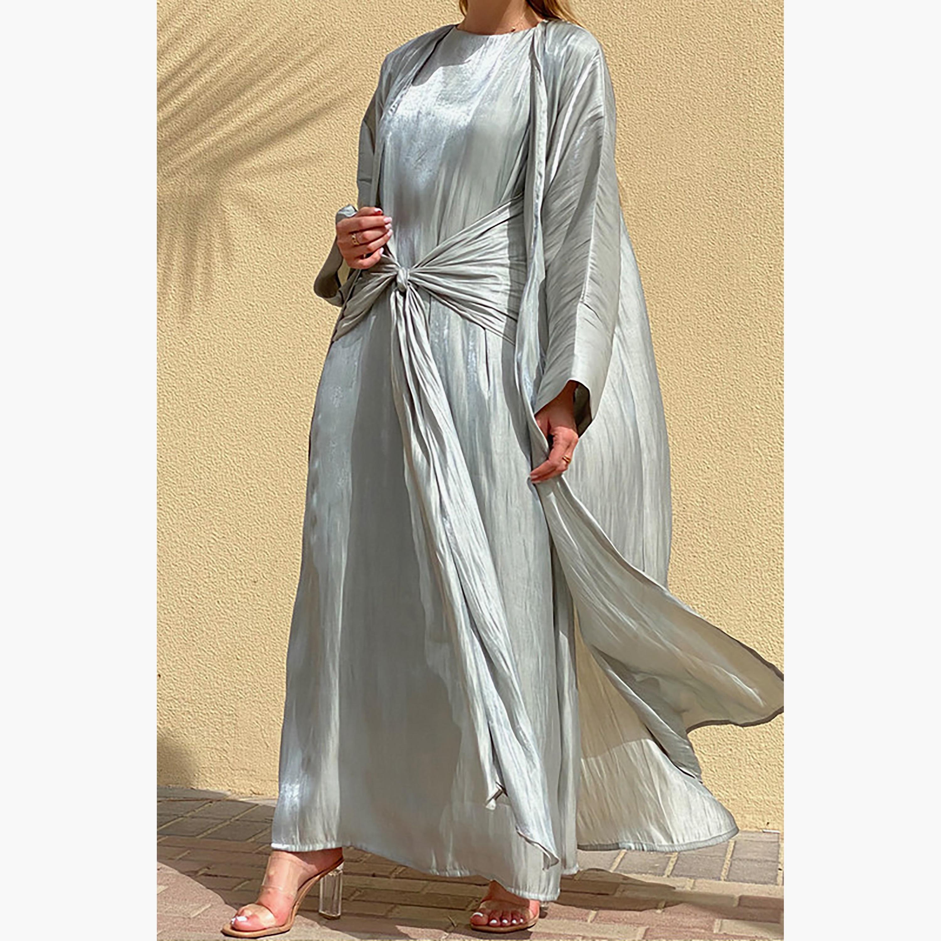 MOiSTREET 3-Piece Set Grey Rotana Shimmer Flared Sleeves Abaya and Inner Dress with Sheila-women-arabicclothing-abayainner-image-1