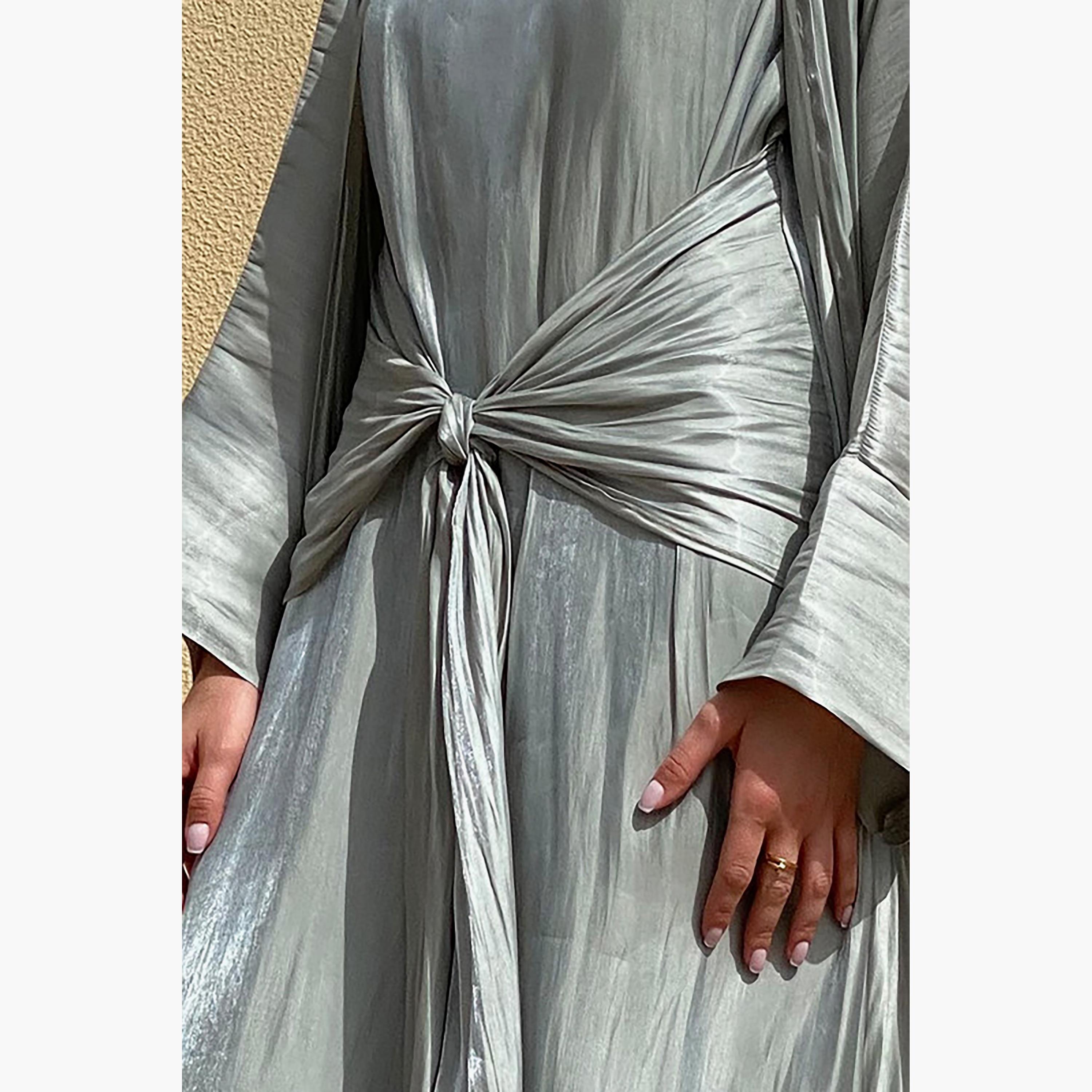 MOiSTREET 3-Piece Set Grey Rotana Shimmer Flared Sleeves Abaya and Inner Dress with Sheila-women-arabicclothing-abayainner-image-2
