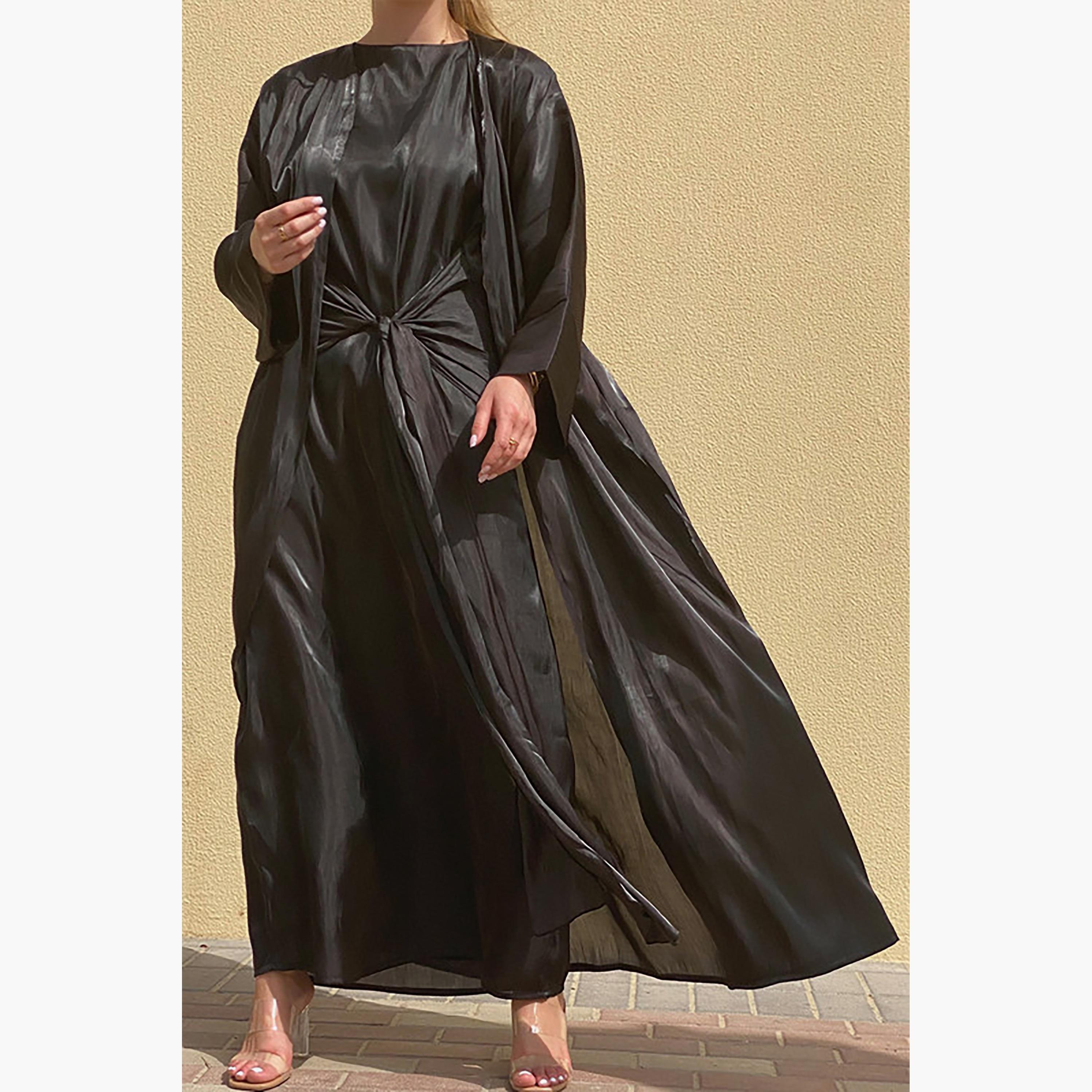 MOiSTREET 3-Piece Set Black Rotana Shimmer Flared Sleeves Abaya and Inner Dress with Sheila-women-arabicclothing-abayainner-image-4