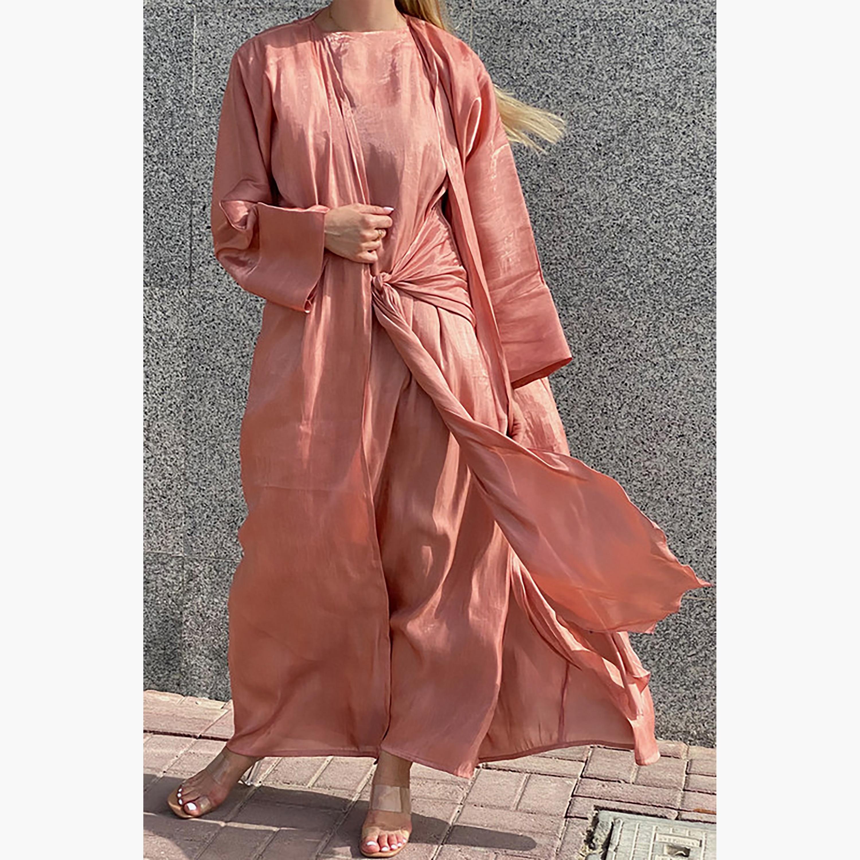 MOiSTREET 3-Piece Set Orange Rotana Shimmer Flared Sleeves Abaya and Inner Dress with Sheila-women-arabicclothing-abayainner-image-1
