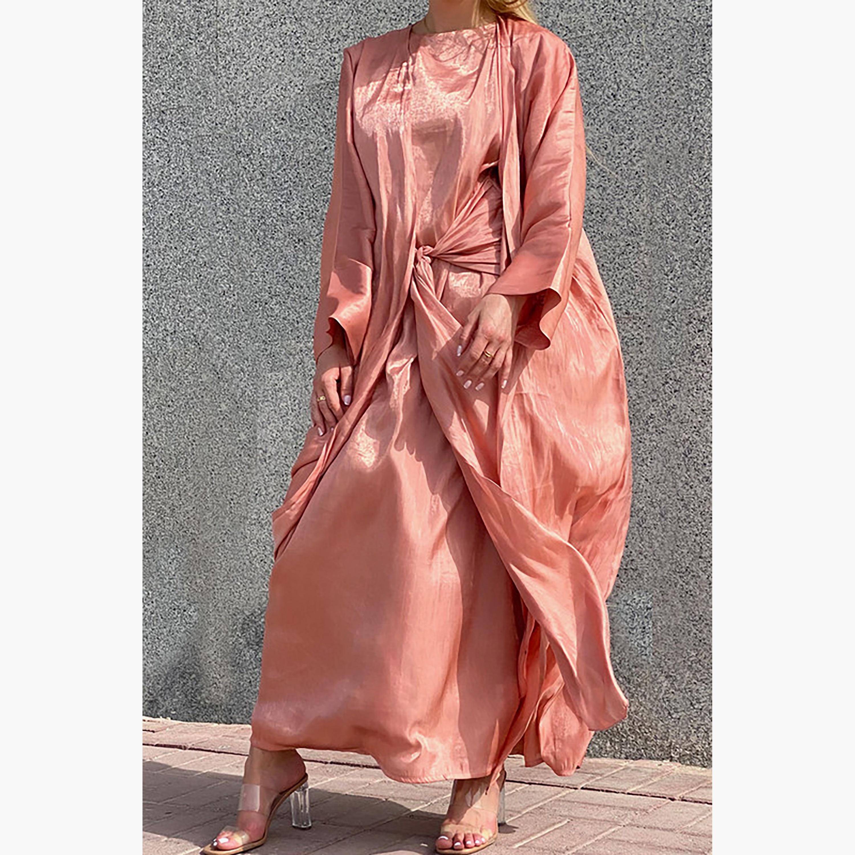 MOiSTREET 3-Piece Set Orange Rotana Shimmer Flared Sleeves Abaya and Inner Dress with Sheila-women-arabicclothing-abayainner-image-3