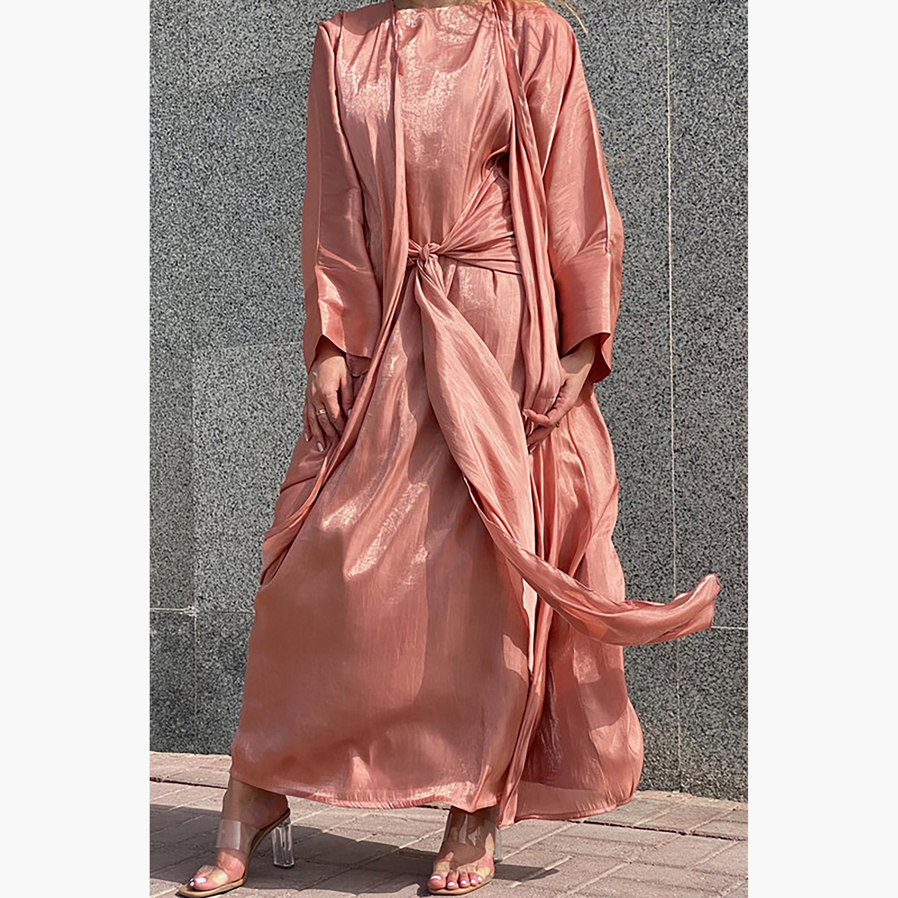 MOiSTREET 3-Piece Set Orange Rotana Shimmer Flared Sleeves Abaya and Inner Dress with Sheila-women-arabicclothing-abayainner-image-4