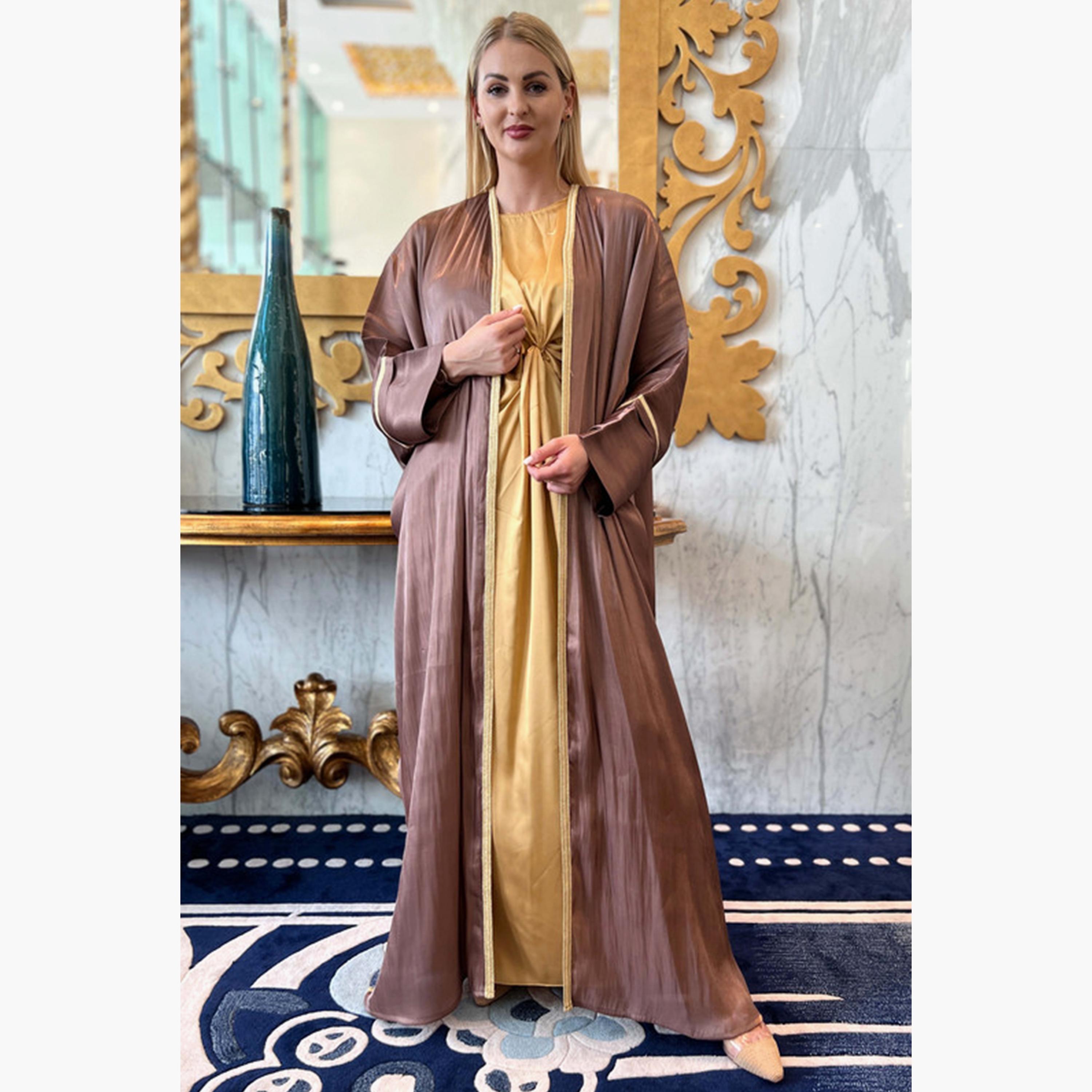 MOiSTREET 3-Piece Set Brown Rotana Shimmer Batwing Sleeves Bisht Abaya and Inner Dress with Sheila-women-arabicclothing-abayainner-image-1