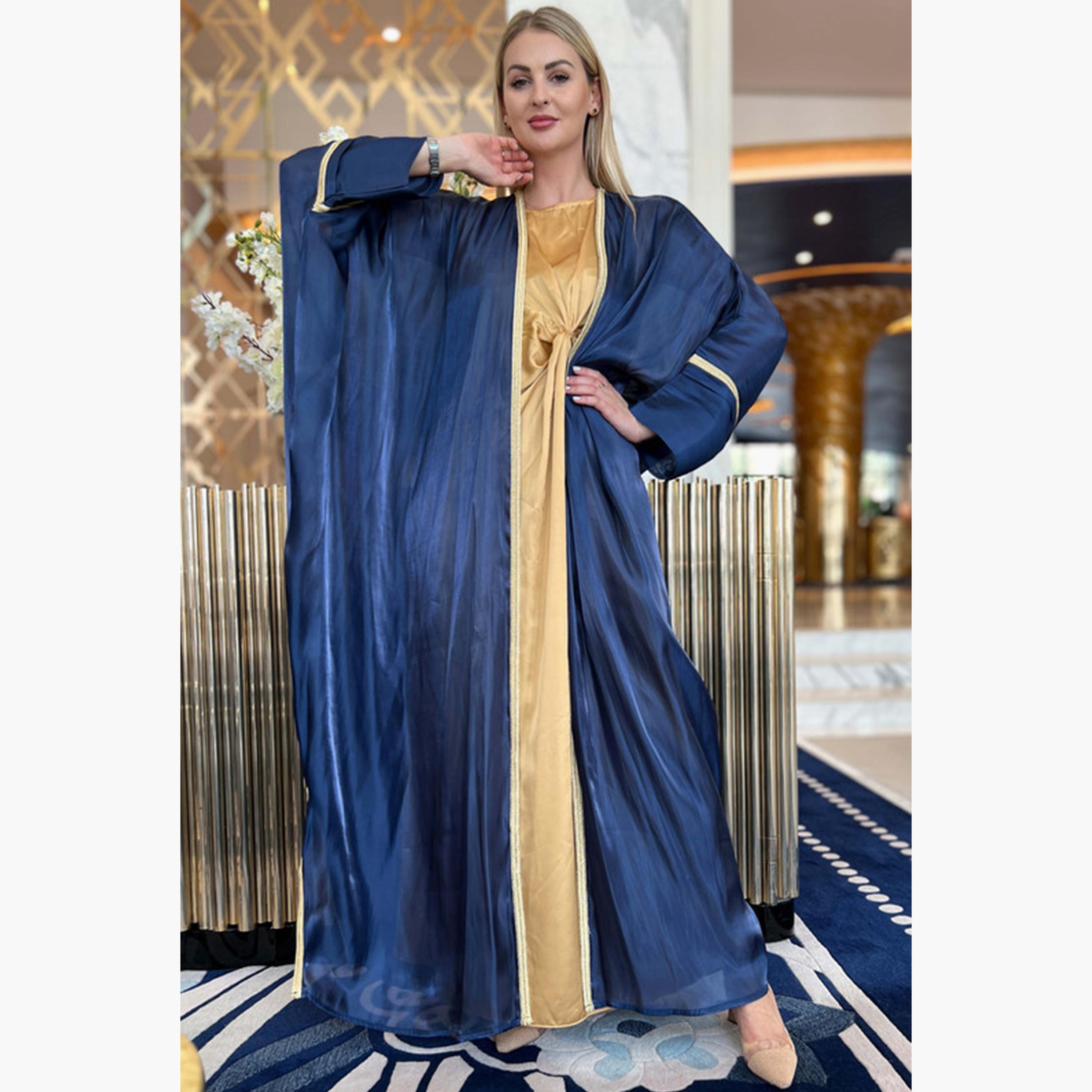 MOiSTREET 3-Piece Set Navy Rotana Shimmer Batwing Sleeves Bisht Abaya and Inner Dress with Sheila-women-arabicclothing-abayainner-image-1