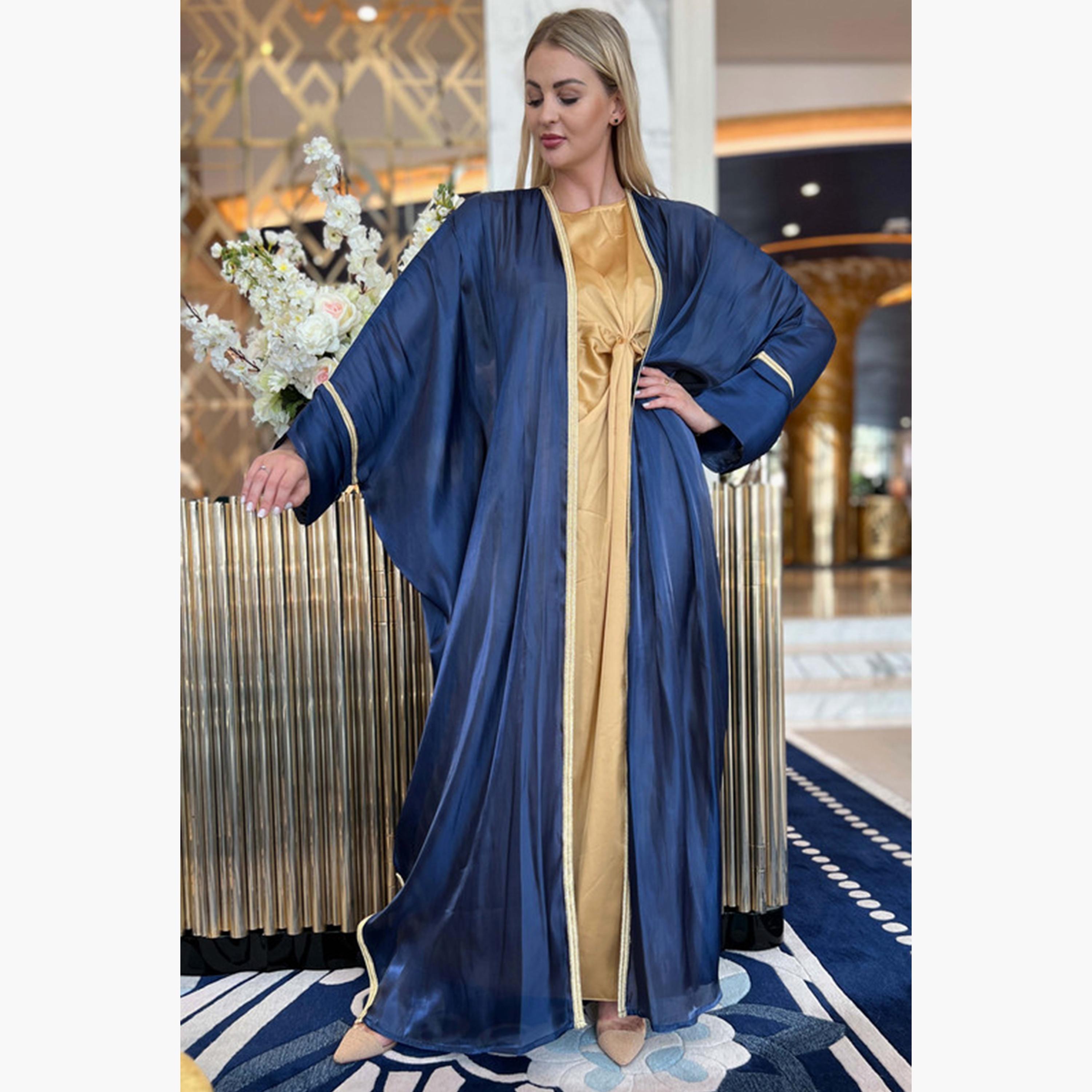 MOiSTREET 3-Piece Set Navy Rotana Shimmer Batwing Sleeves Bisht Abaya and Inner Dress with Sheila-women-arabicclothing-abayainner-image-4