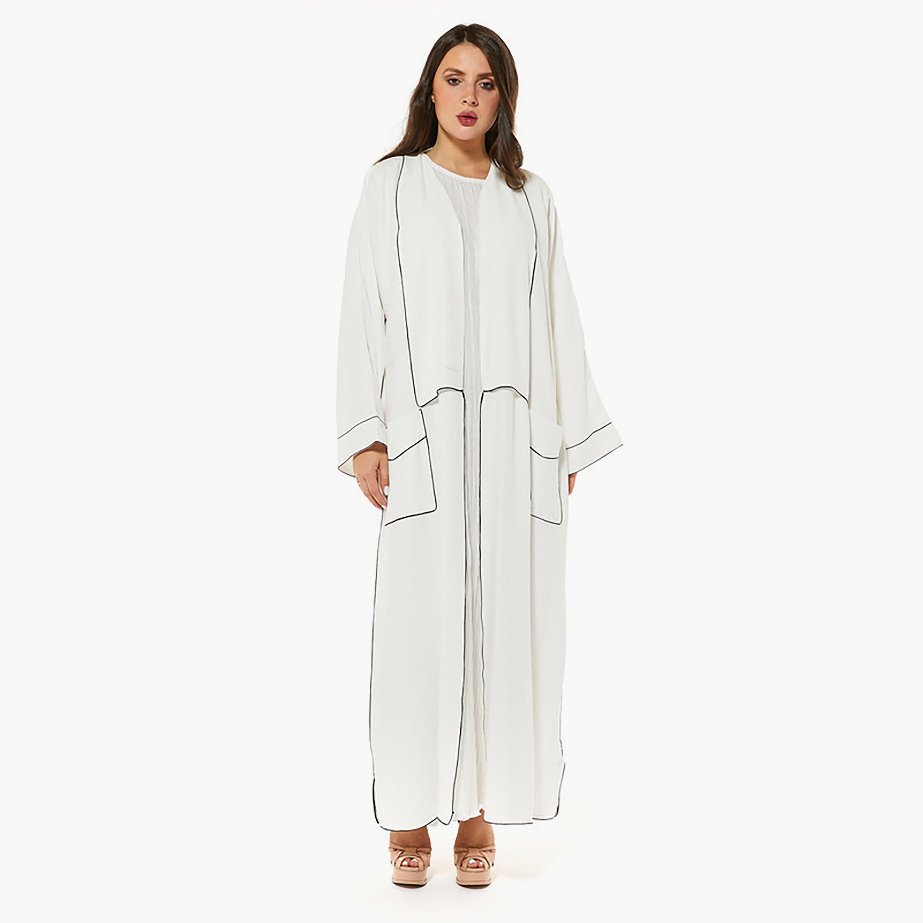 MOiSTREET White Piping Detailed Linen Flared Sleeves Abaya with Sheila-women-arabicclothing-abayas-image-1
