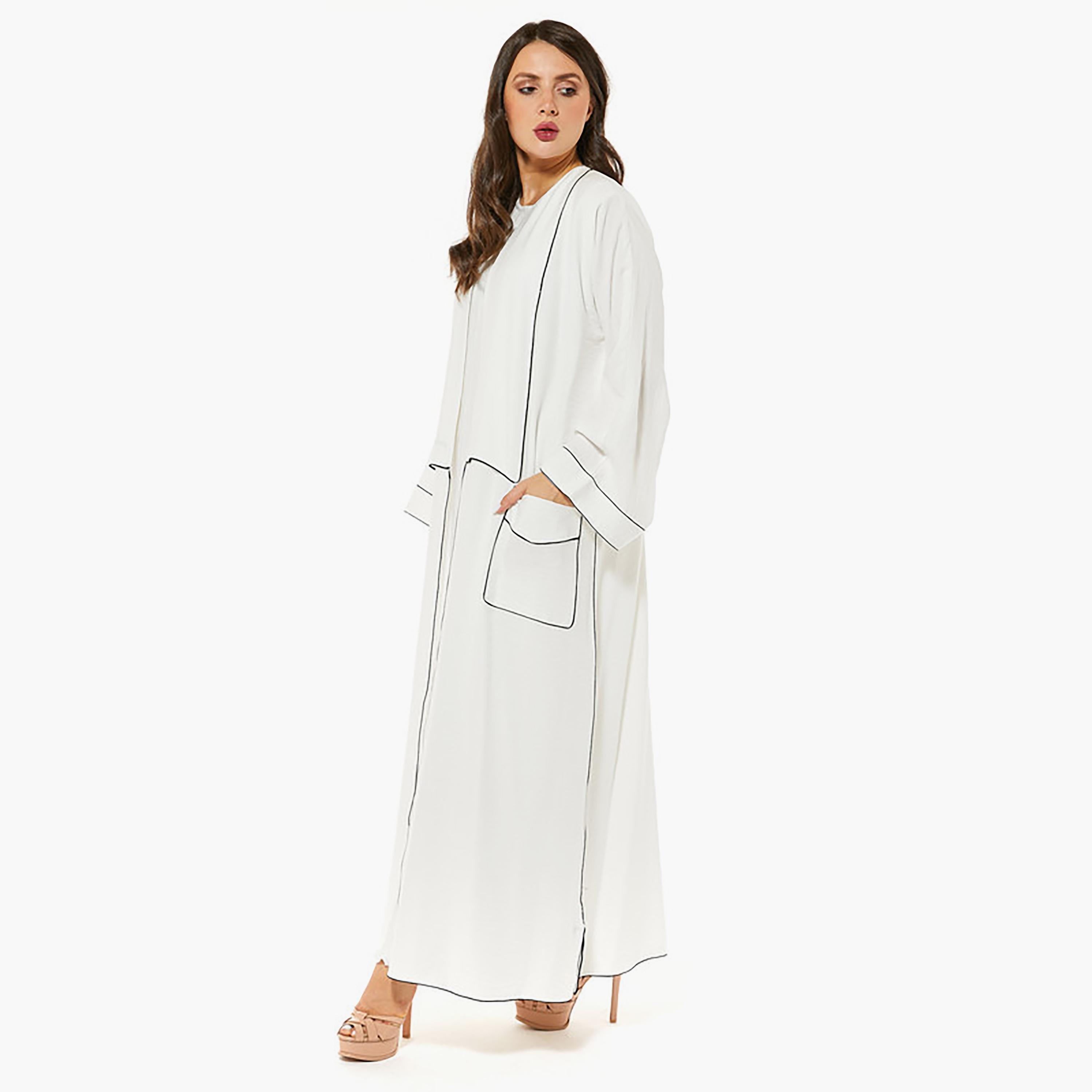 MOiSTREET White Piping Detailed Linen Flared Sleeves Abaya with Sheila-women-arabicclothing-abayas-image-3