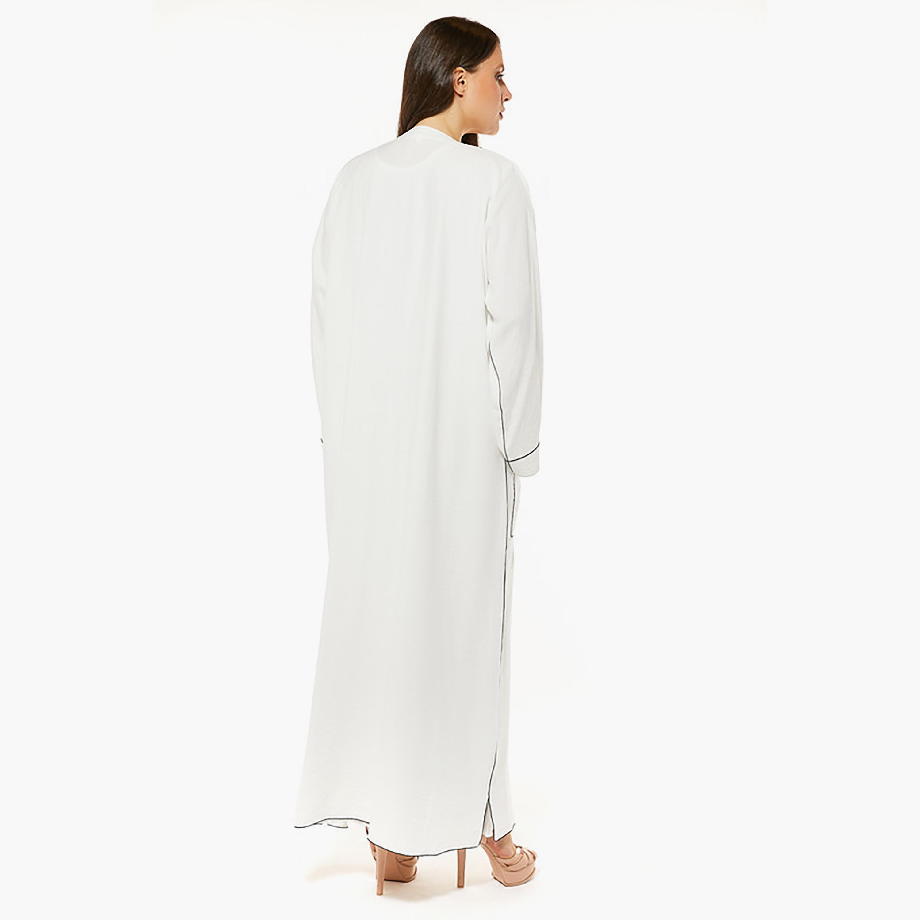 MOiSTREET White Piping Detailed Linen Flared Sleeves Abaya with Sheila-women-arabicclothing-abayas-image-4