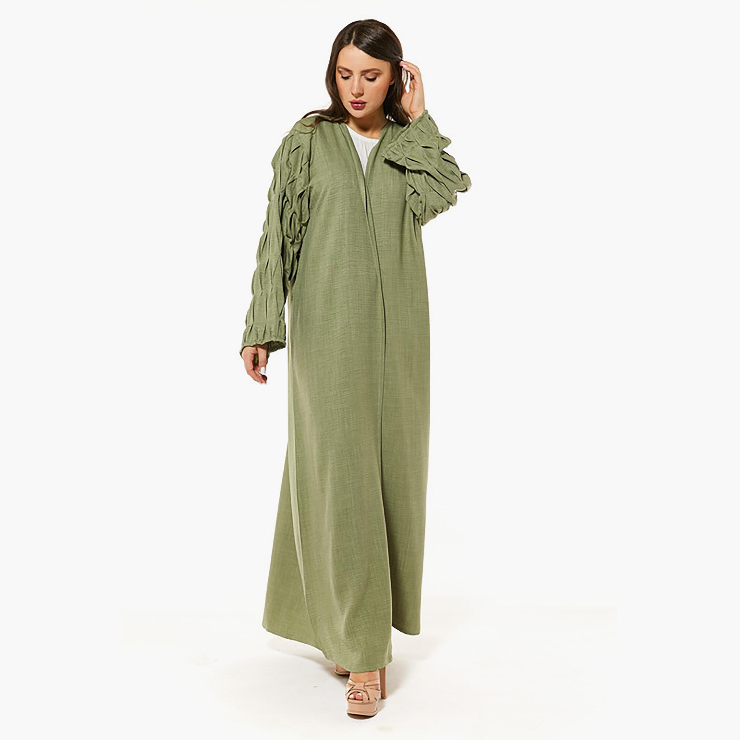 MOiSTREET Green Linen Pleated Sleeves Abaya with Sheila-women-arabicclothing-abayas-image-1