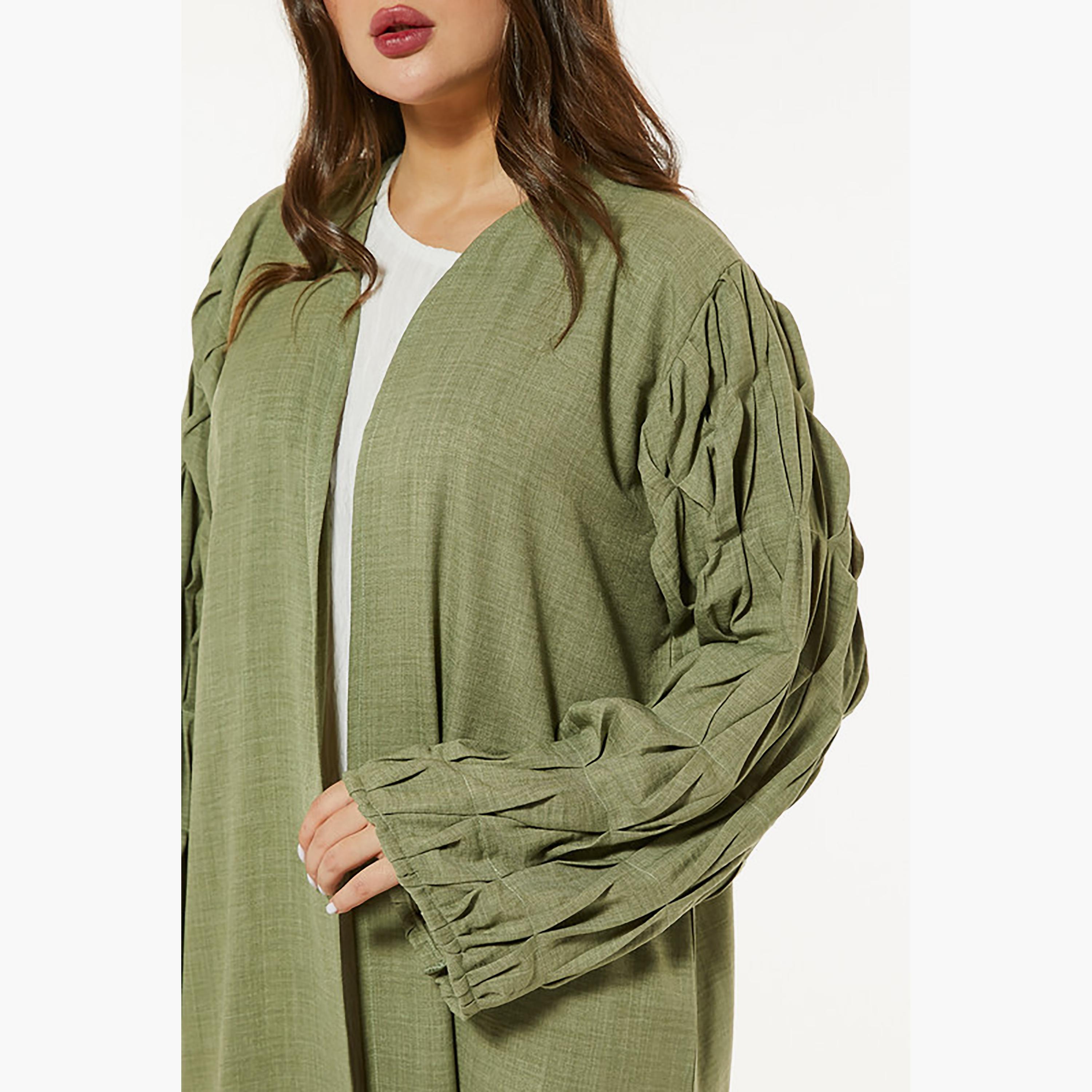 MOiSTREET Green Linen Pleated Sleeves Abaya with Sheila-women-arabicclothing-abayas-image-2