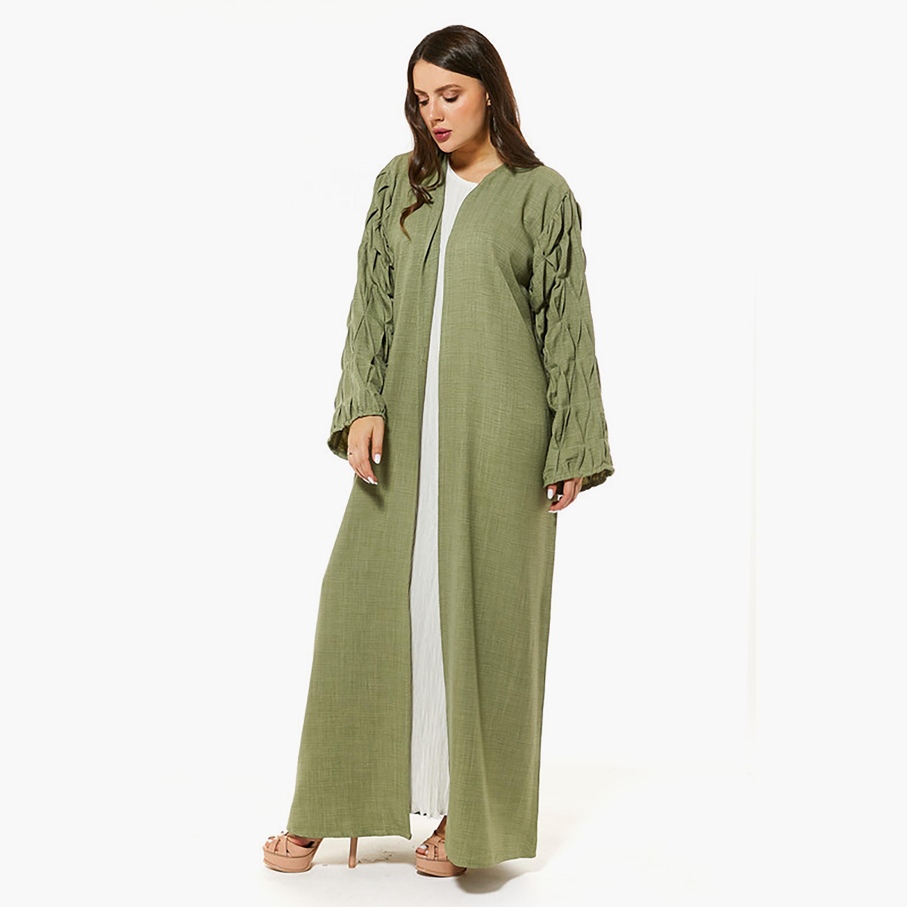 MOiSTREET Green Linen Pleated Sleeves Abaya with Sheila-women-arabicclothing-abayas-image-3