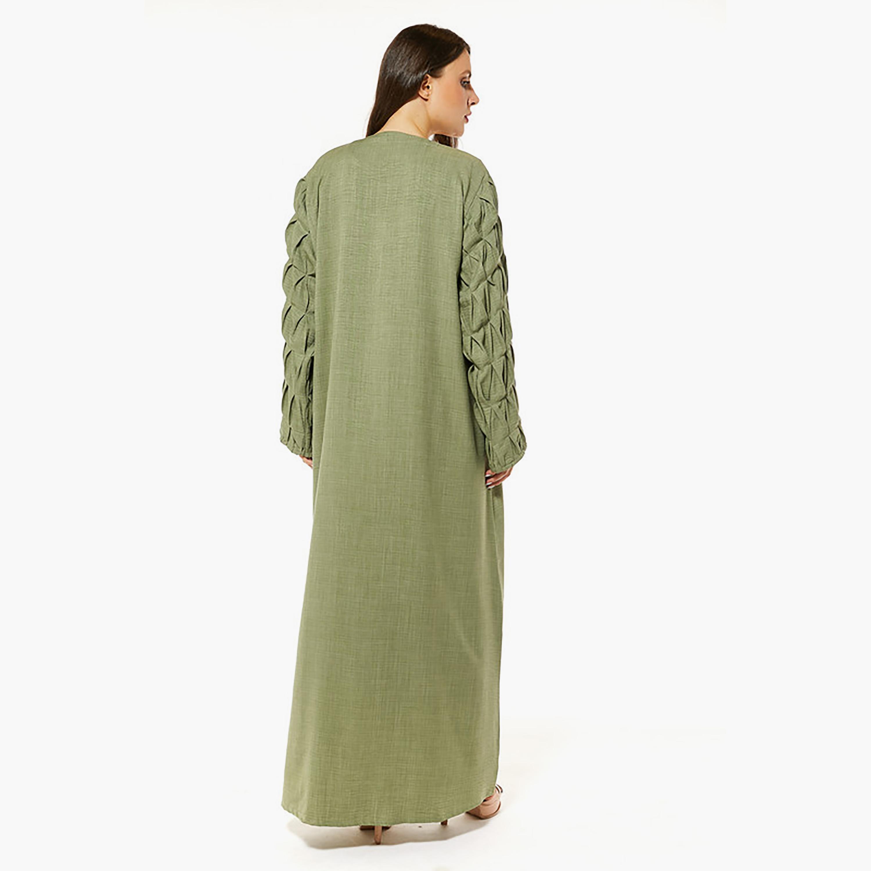 MOiSTREET Green Linen Pleated Sleeves Abaya with Sheila-women-arabicclothing-abayas-image-4