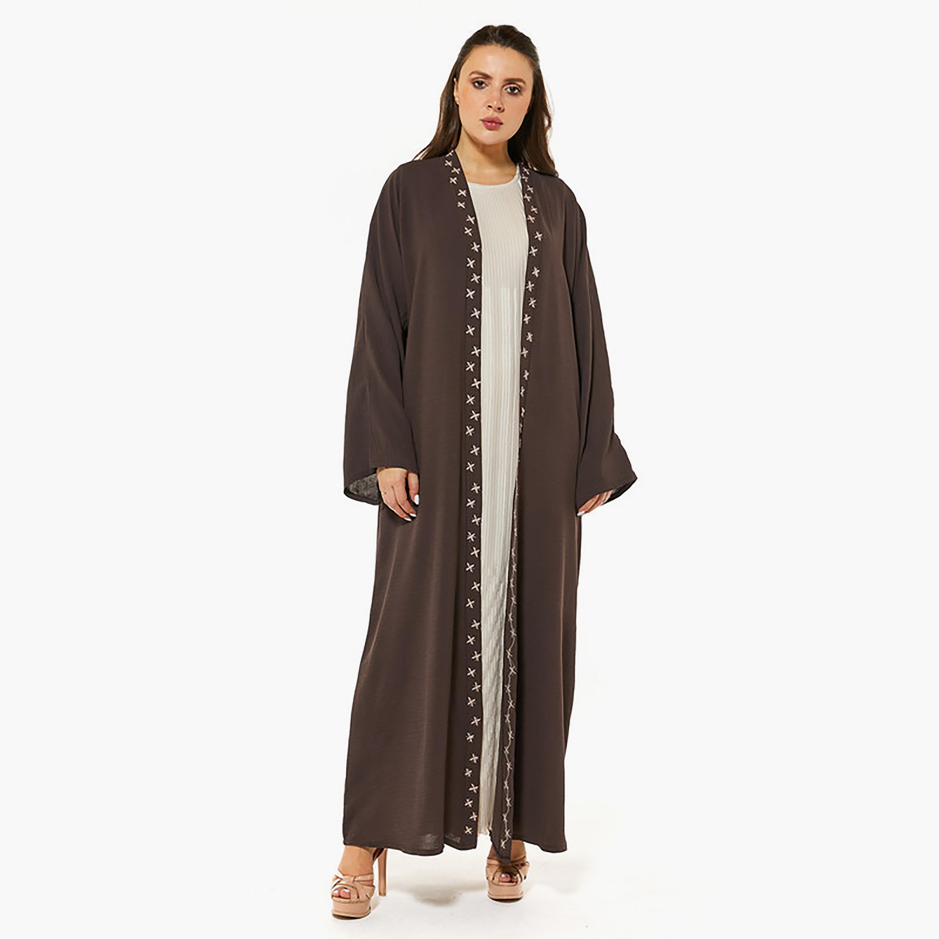 MOiSTREET Brown Embroidered Cey Fabric Flared Sleeves Abaya with Sheila-women-arabicclothing-abayas-image-1
