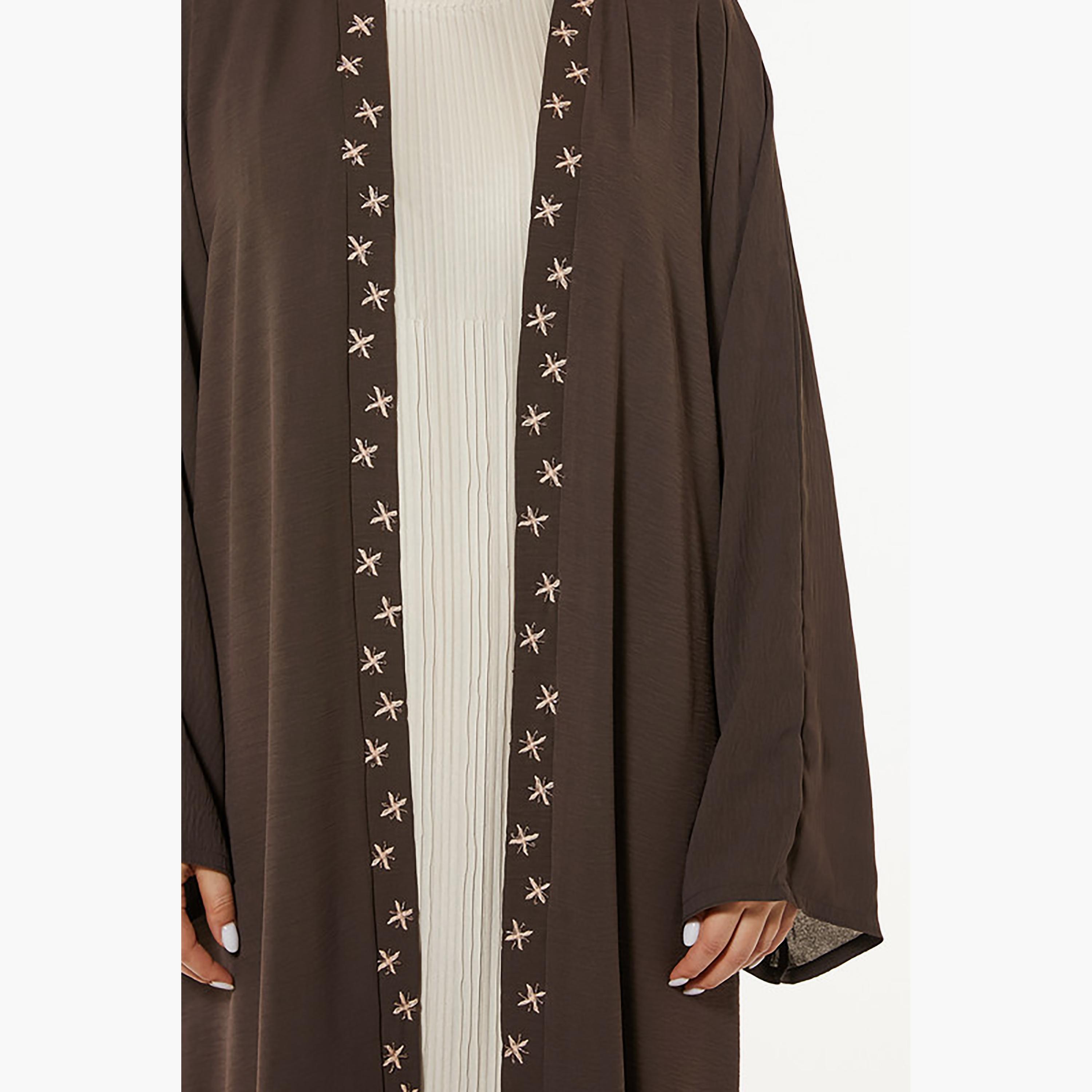 MOiSTREET Brown Embroidered Cey Fabric Flared Sleeves Abaya with Sheila-women-arabicclothing-abayas-image-2