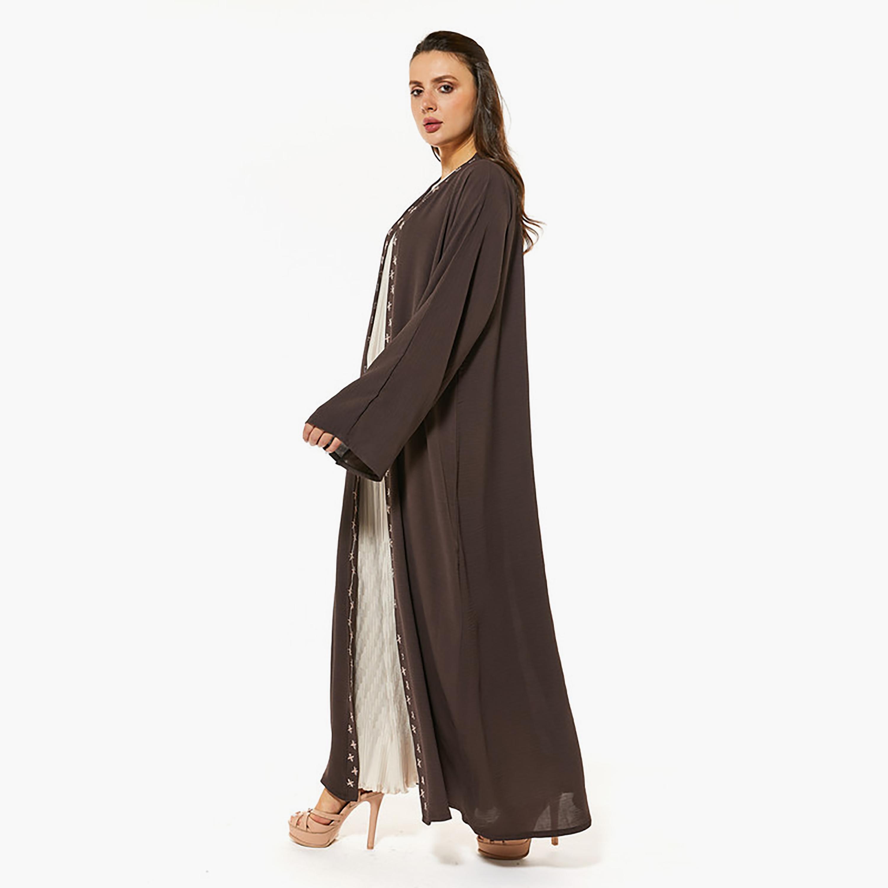MOiSTREET Brown Embroidered Cey Fabric Flared Sleeves Abaya with Sheila-women-arabicclothing-abayas-image-3