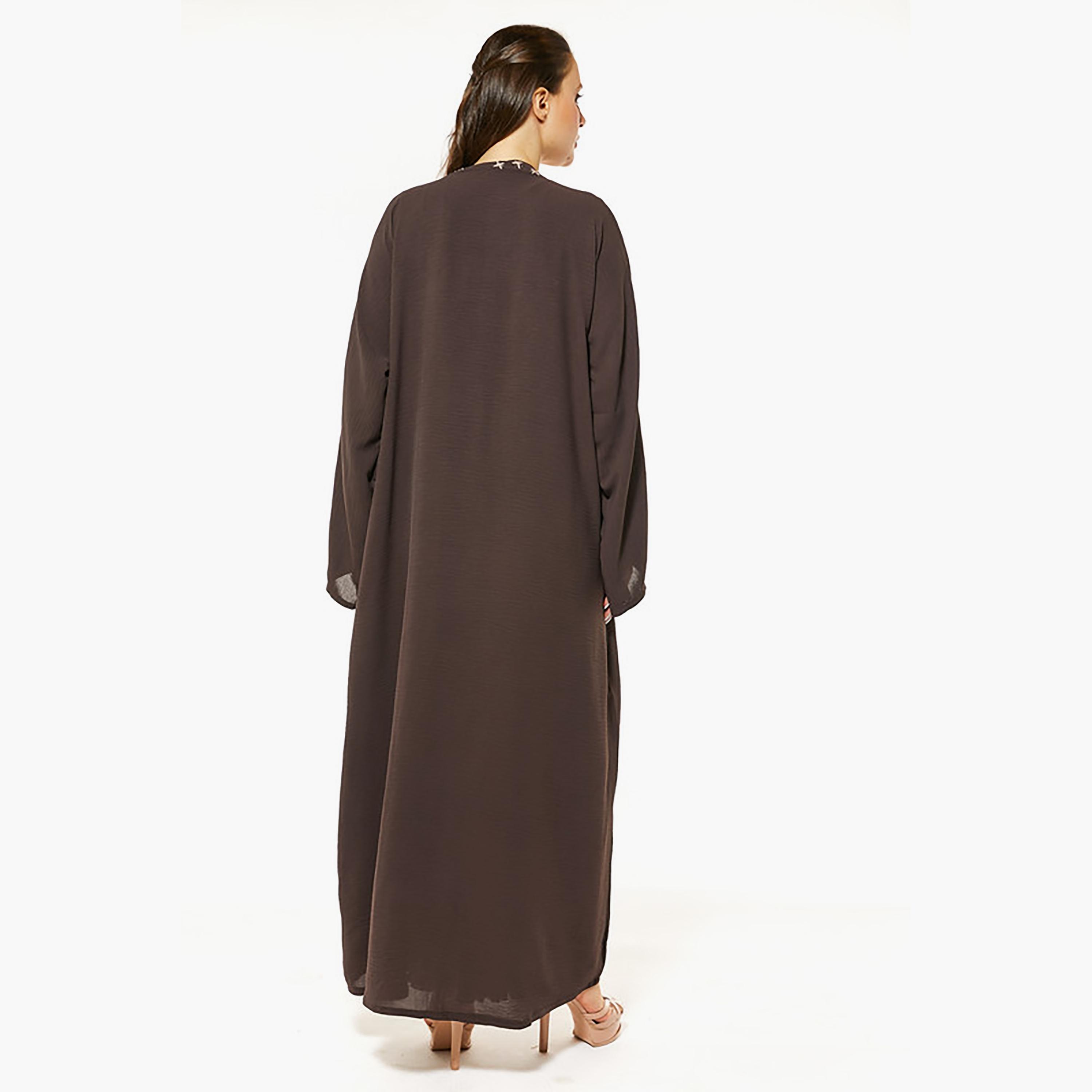 MOiSTREET Brown Embroidered Cey Fabric Flared Sleeves Abaya with Sheila-women-arabicclothing-abayas-image-4