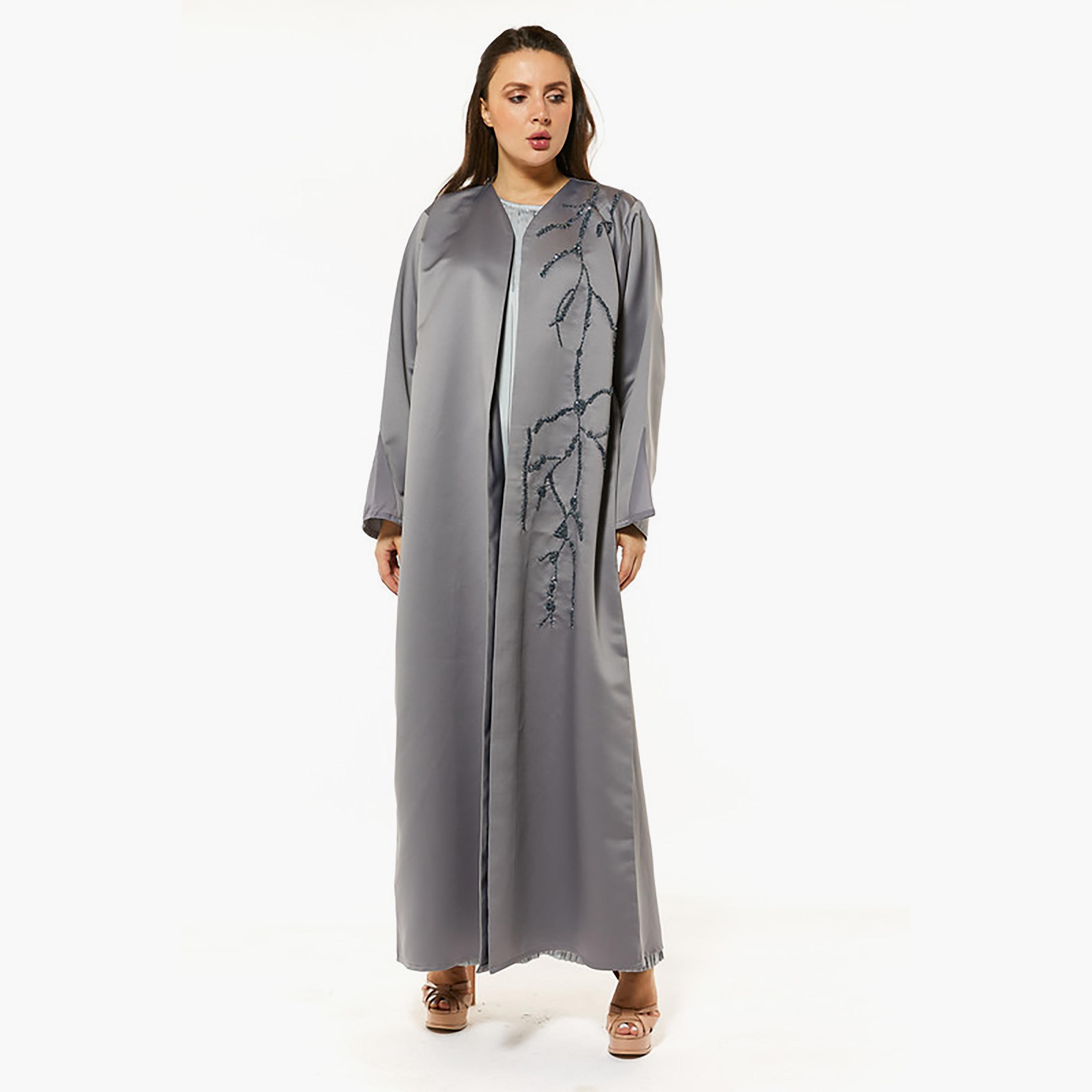 MOiSTREET Grey Crystal Detailed Satin Abaya with Sheila-women-arabicclothing-abayas-image-1