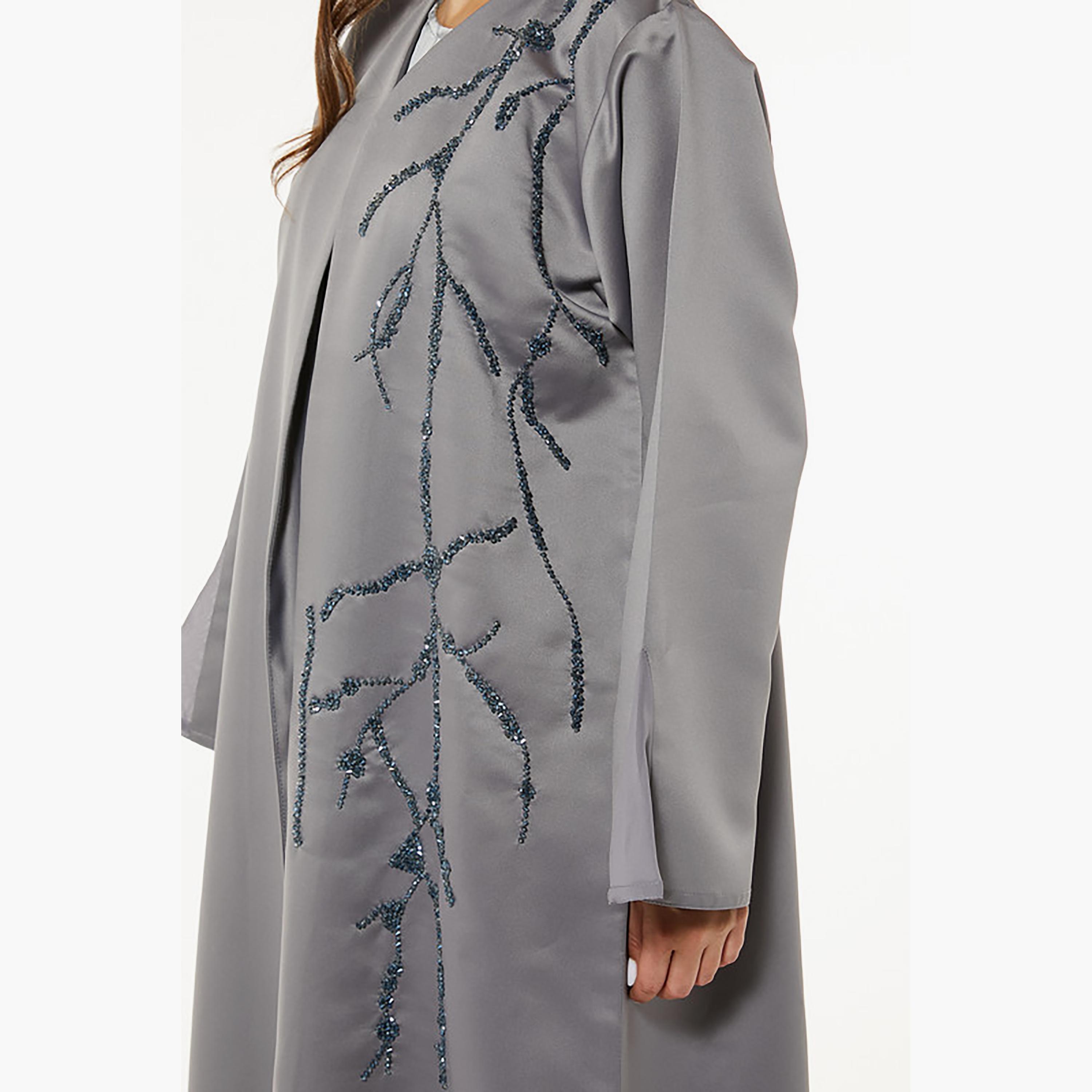 MOiSTREET Grey Crystal Detailed Satin Abaya with Sheila-women-arabicclothing-abayas-image-2