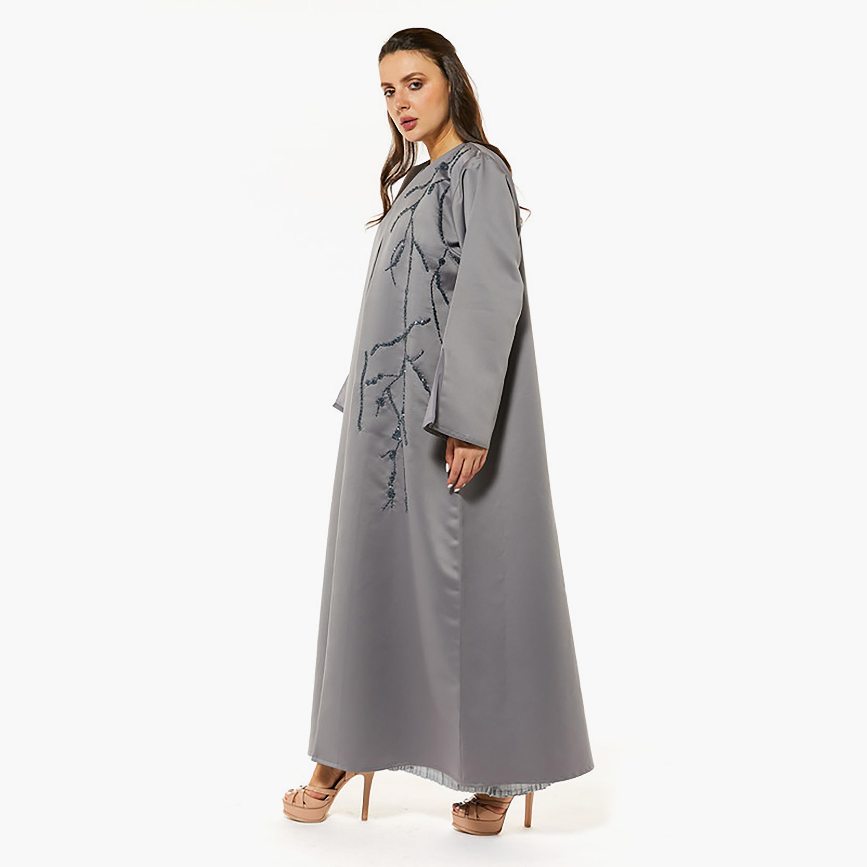 MOiSTREET Grey Crystal Detailed Satin Abaya with Sheila-women-arabicclothing-abayas-image-3