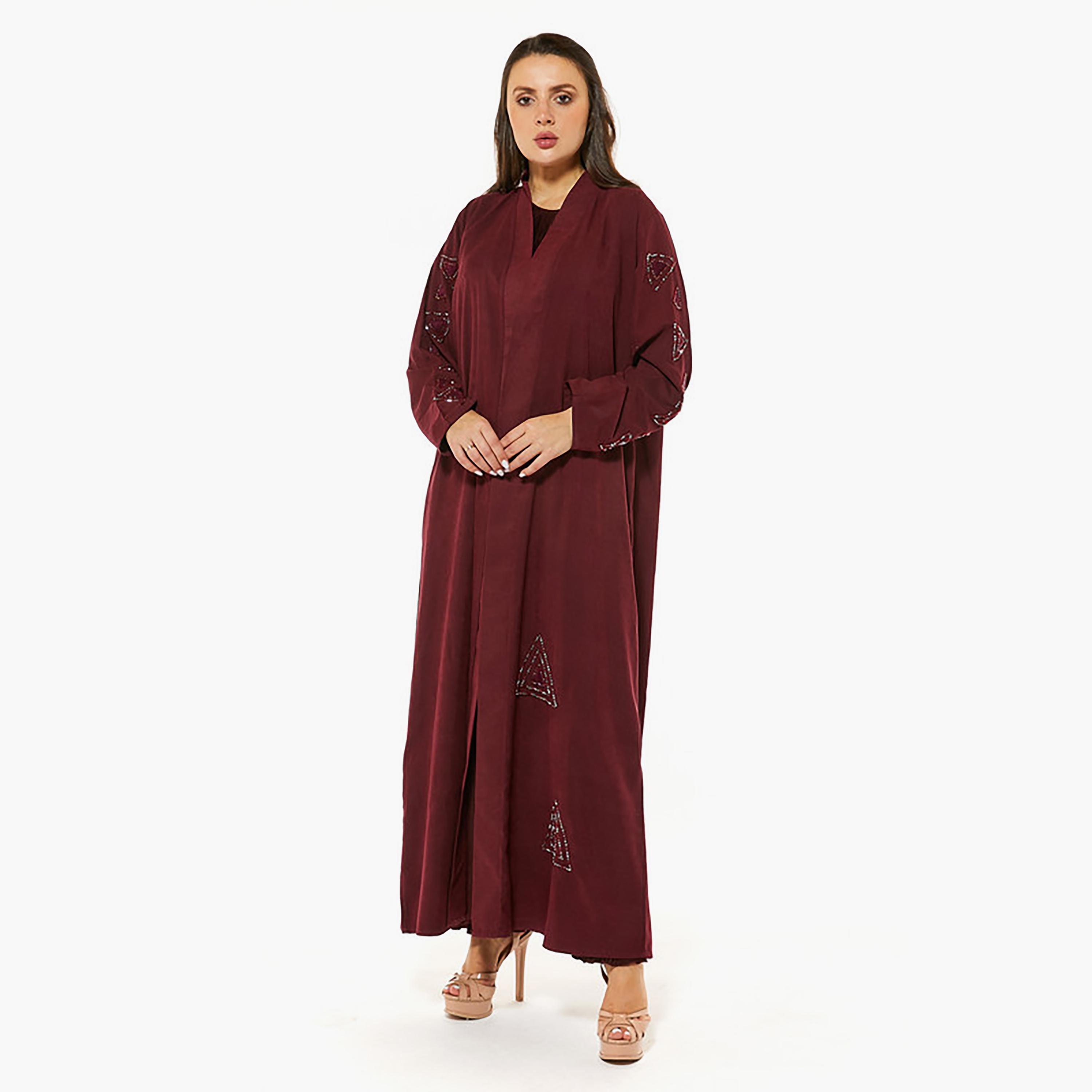 MOiSTREET Maroon Crystal Detailed Abaya with Sheila-women-arabicclothing-abayas-image-1