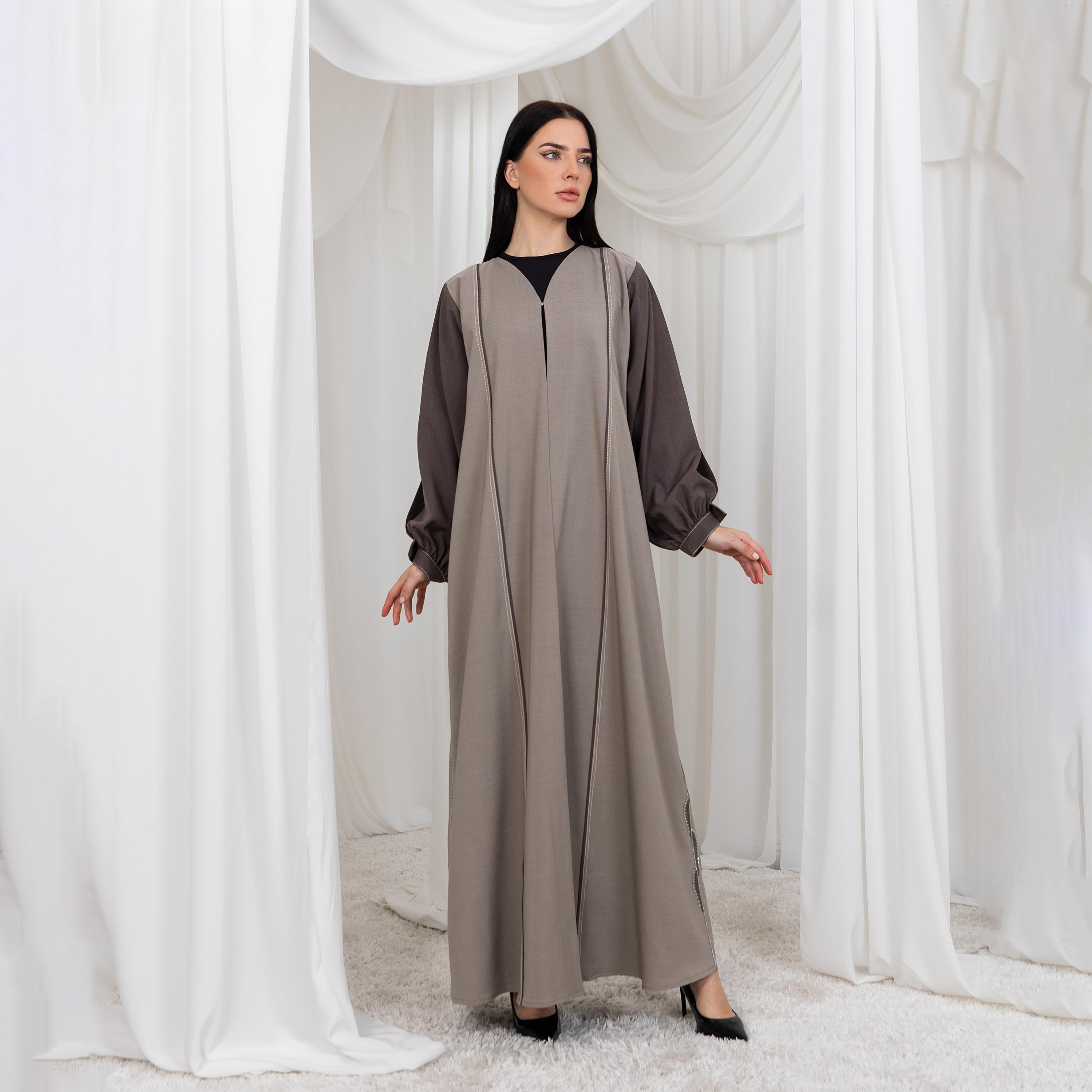 Moistreet Brown Side Beaded Work Button Cuff Detail Sleeves Melange Women's Abaya with Hijab-women-arabicclothing-abayas-image-1