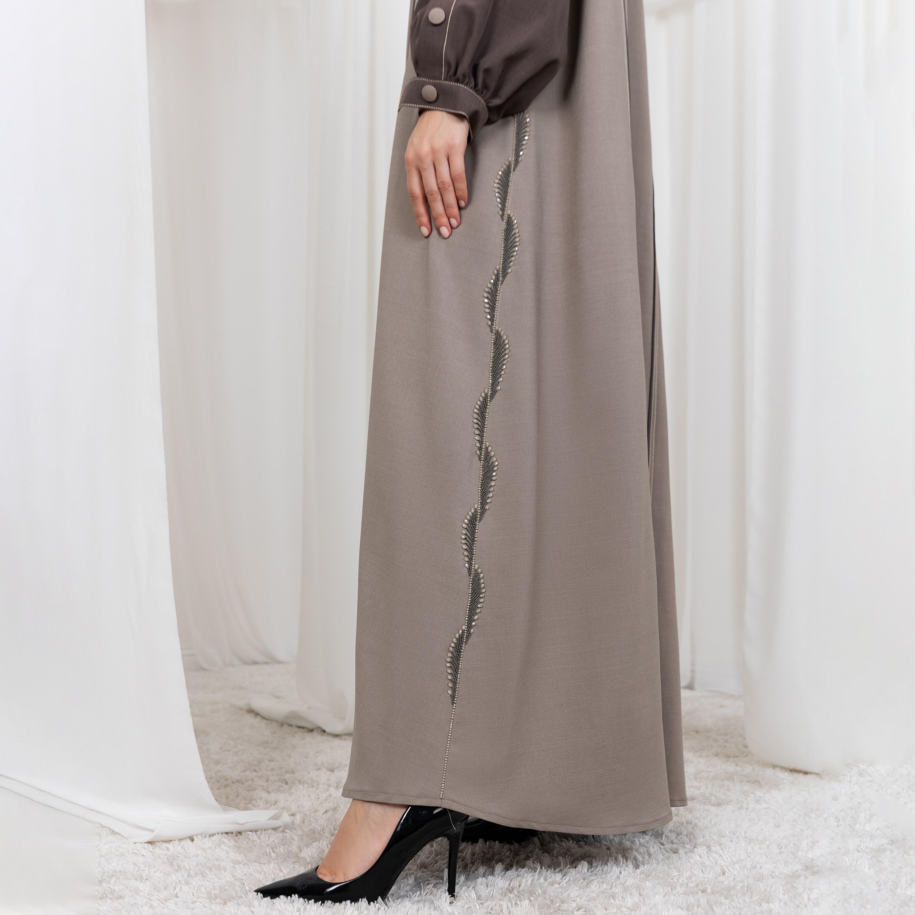 Moistreet Brown Side Beaded Work Button Cuff Detail Sleeves Melange Women's Abaya with Hijab-women-arabicclothing-abayas-image-2