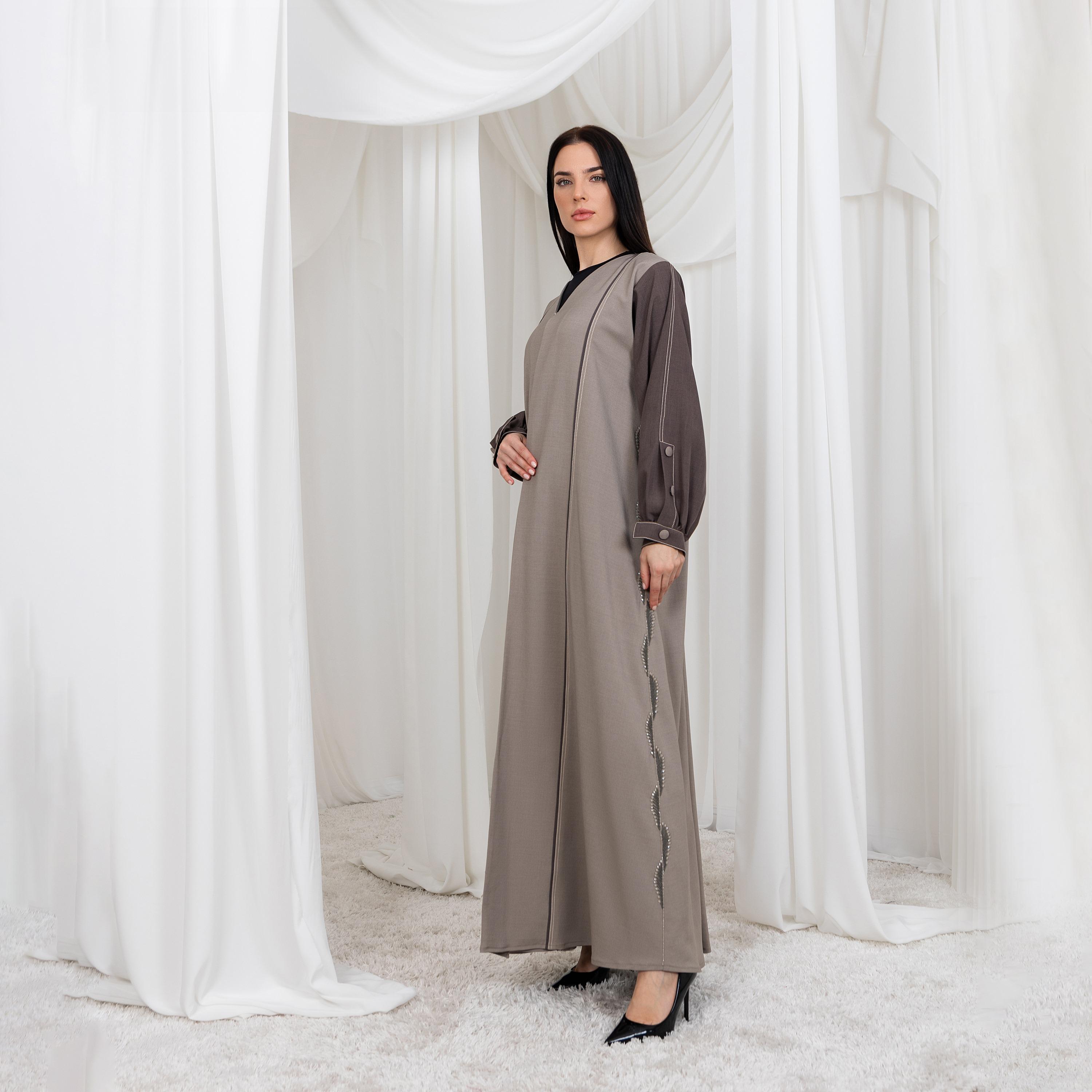 Moistreet Brown Side Beaded Work Button Cuff Detail Sleeves Melange Women's Abaya with Hijab-women-arabicclothing-abayas-image-3