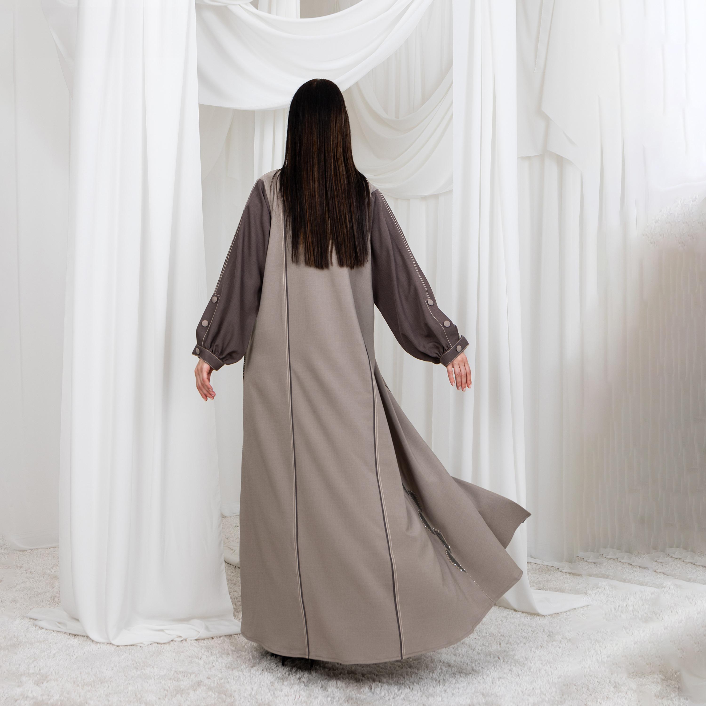 Moistreet Brown Side Beaded Work Button Cuff Detail Sleeves Melange Women's Abaya with Hijab-women-arabicclothing-abayas-image-4