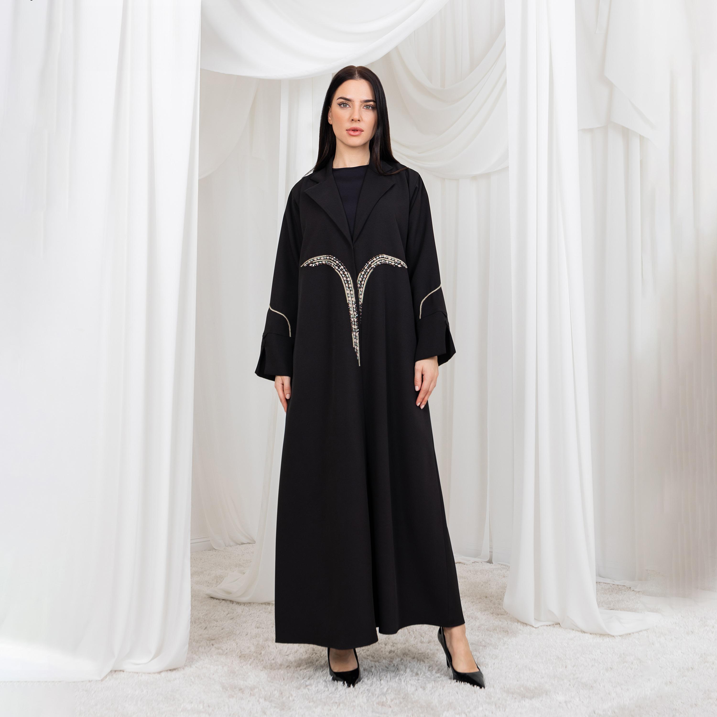 Moistreet Black Embroidered and Stone Lapel Slit Cuff Sleeves Barbie Crepe Women's Abaya with Hijab-women-arabicclothing-abayas-image-1