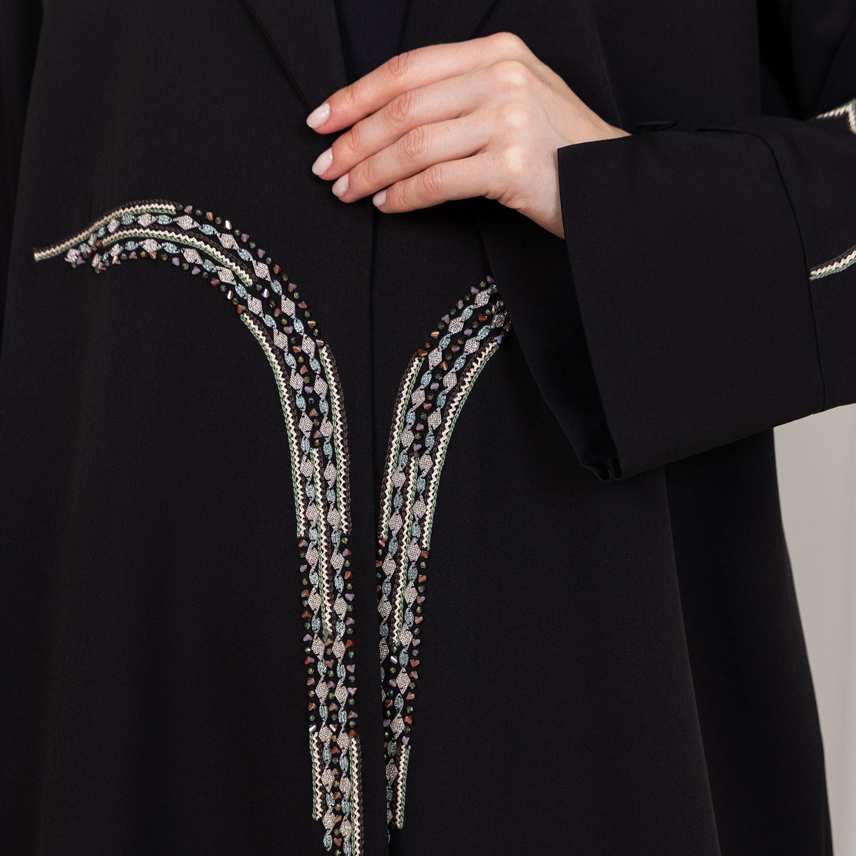 Moistreet Black Embroidered and Stone Lapel Slit Cuff Sleeves Barbie Crepe Women's Abaya with Hijab-women-arabicclothing-abayas-image-2