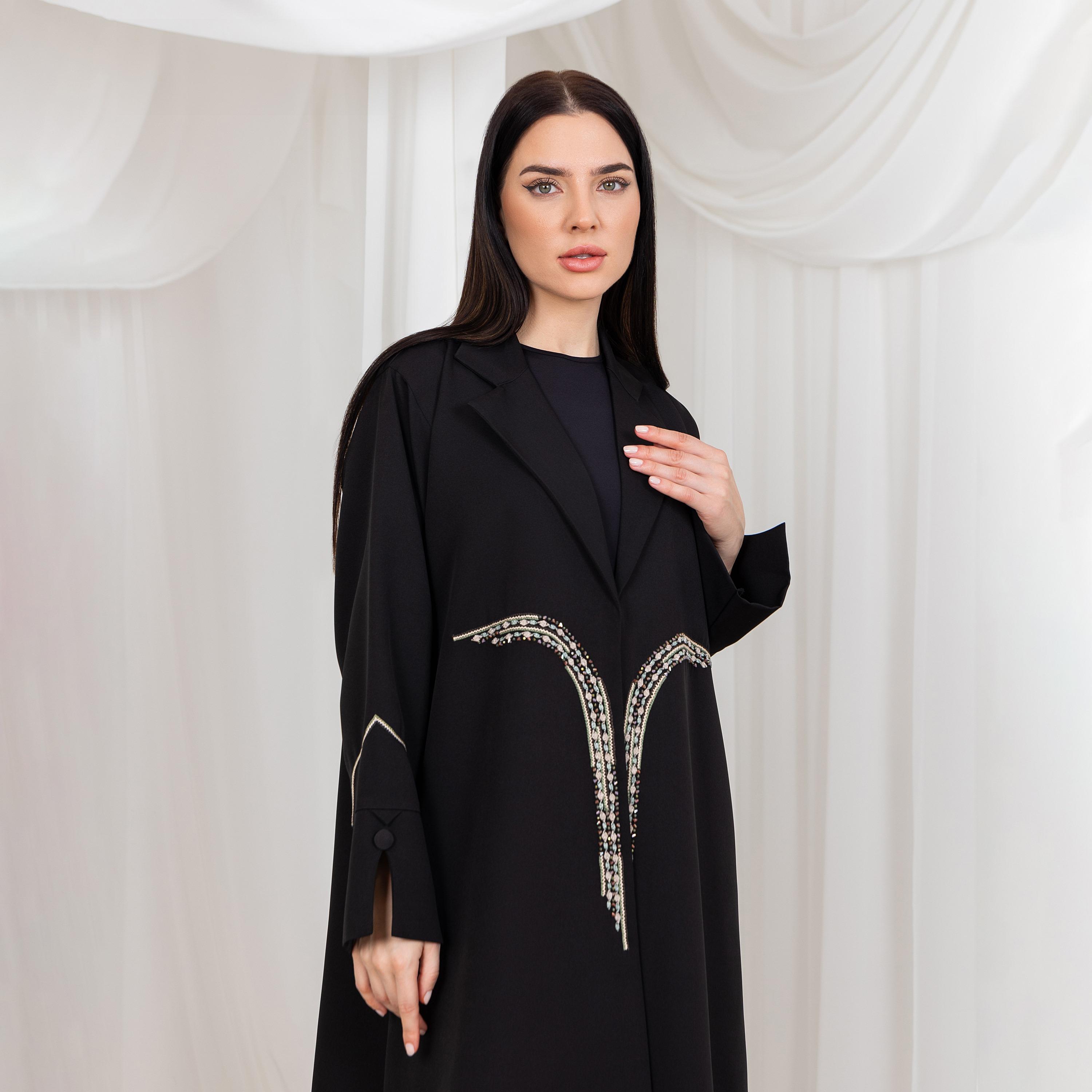 Moistreet Black Embroidered and Stone Lapel Slit Cuff Sleeves Barbie Crepe Women's Abaya with Hijab-women-arabicclothing-abayas-image-3