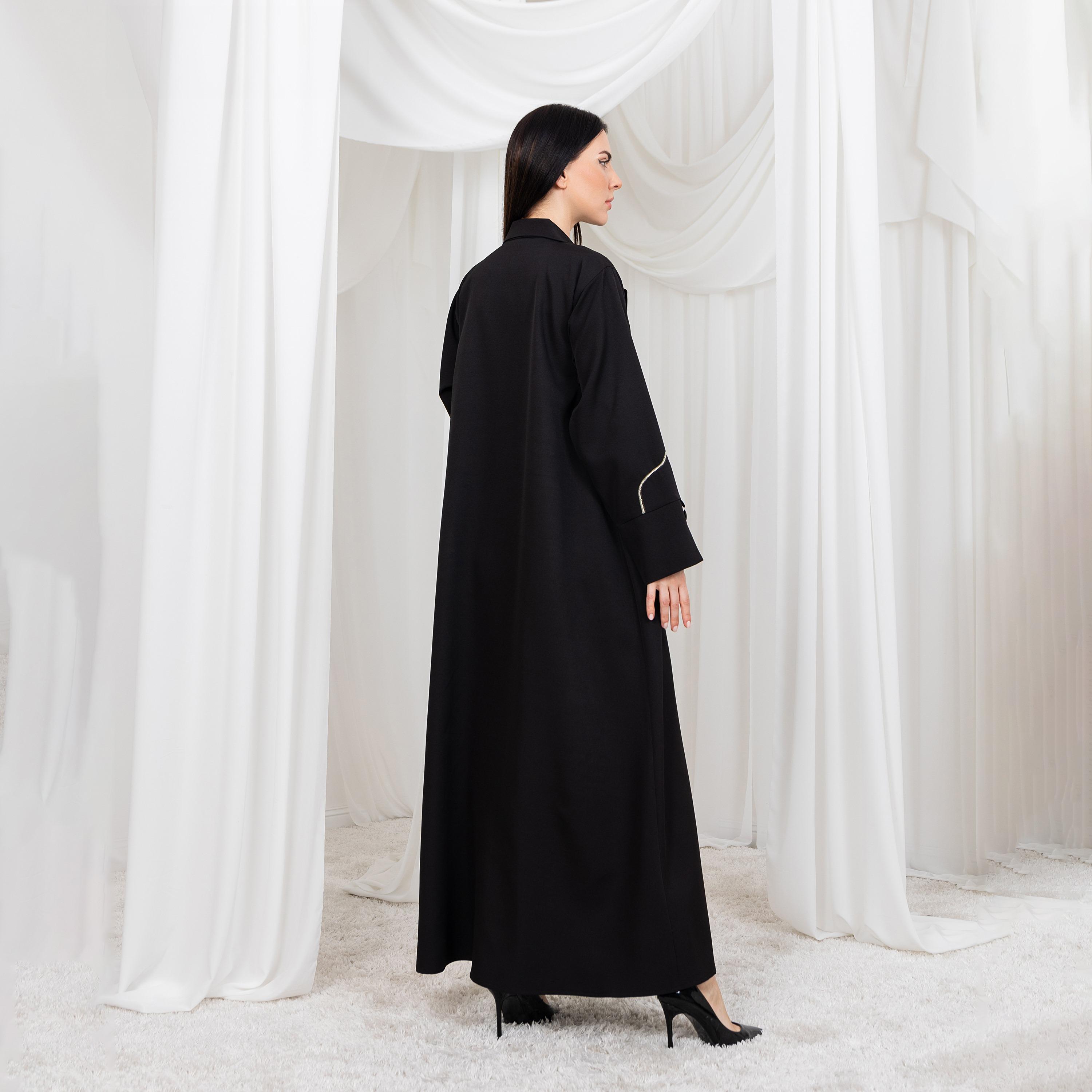 Moistreet Black Embroidered and Stone Lapel Slit Cuff Sleeves Barbie Crepe Women's Abaya with Hijab-women-arabicclothing-abayas-image-4