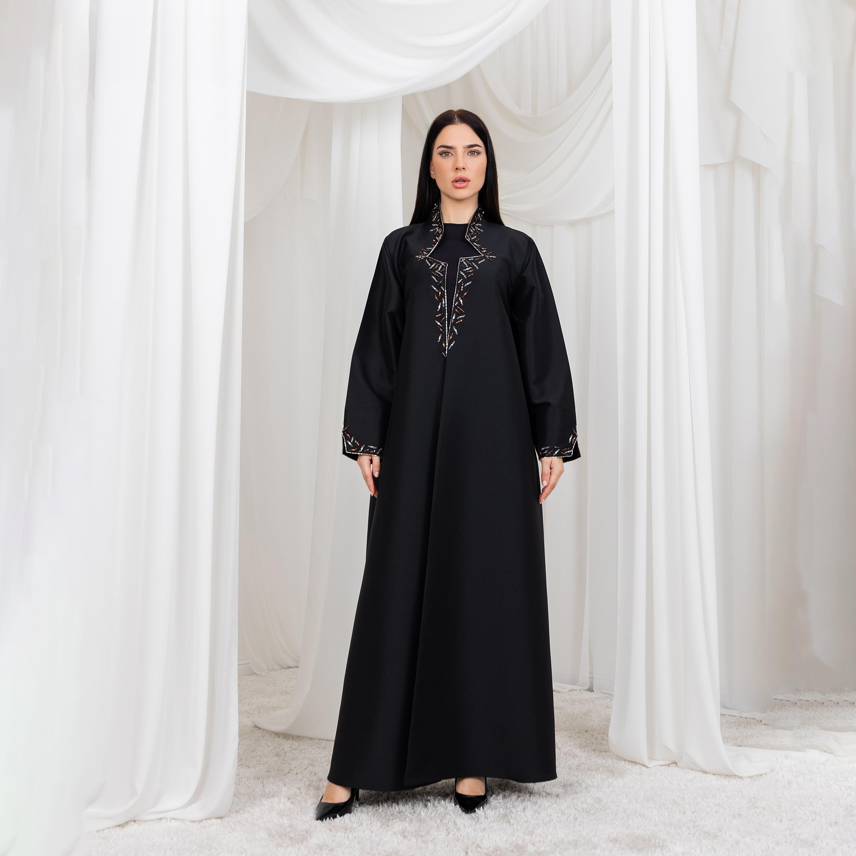 Moistreet Black Beaded Work Asymmetric Neck Slit Cuff Sleeves Bridal Satin Women's Abaya with Hijab-women-arabicclothing-abayas-image-1
