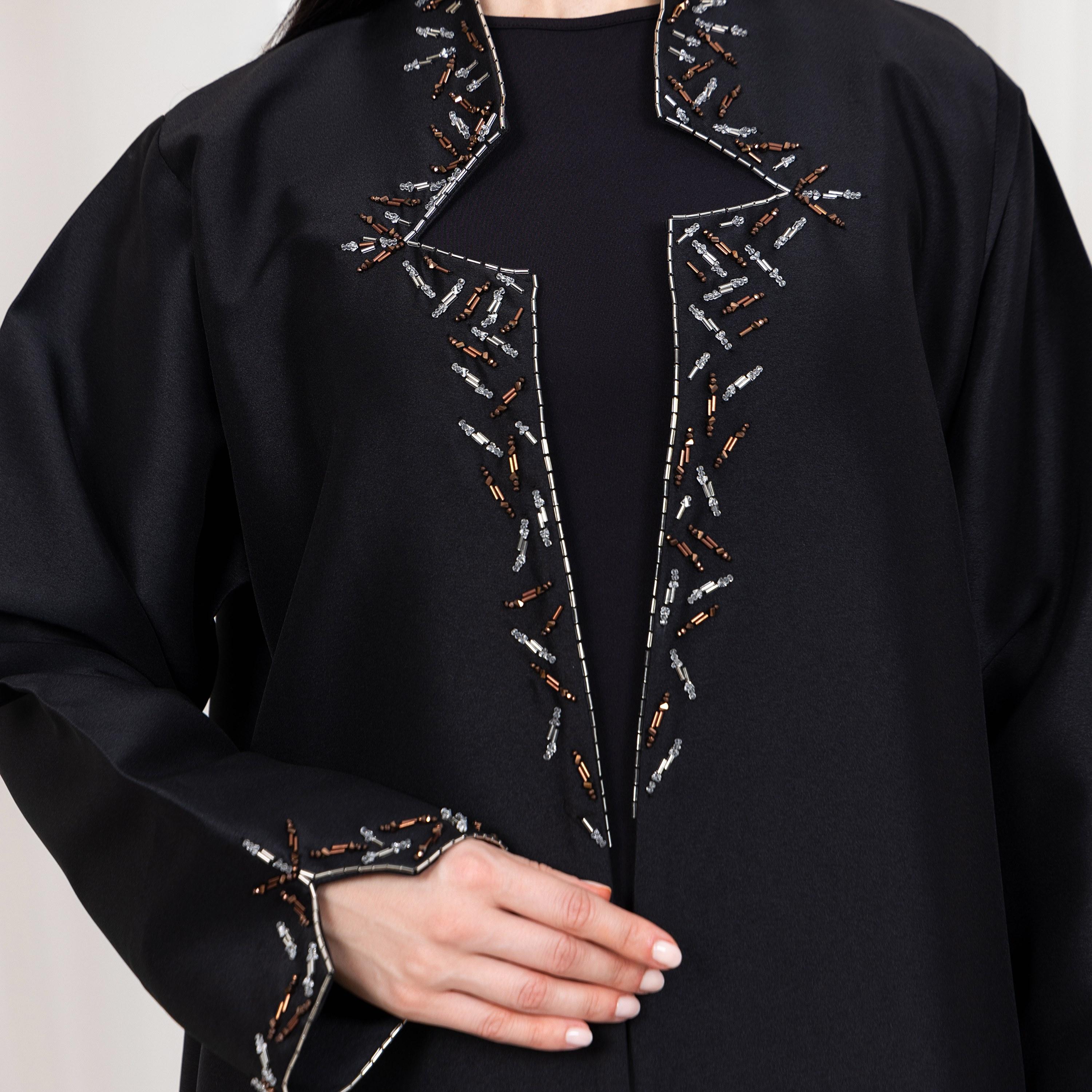 Moistreet Black Beaded Work Asymmetric Neck Slit Cuff Sleeves Bridal Satin Women's Abaya with Hijab-women-arabicclothing-abayas-image-2