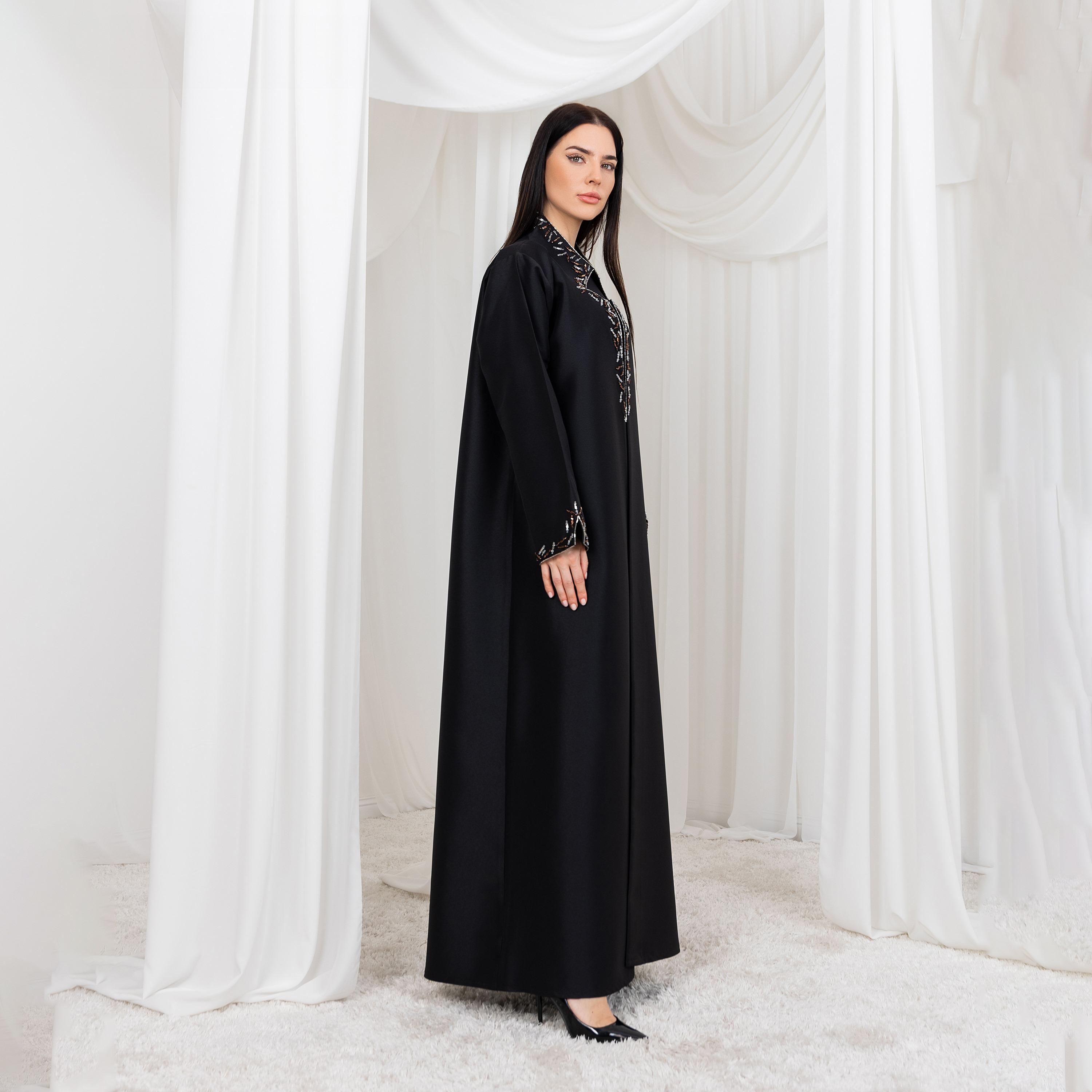 Moistreet Black Beaded Work Asymmetric Neck Slit Cuff Sleeves Bridal Satin Women's Abaya with Hijab-women-arabicclothing-abayas-image-3