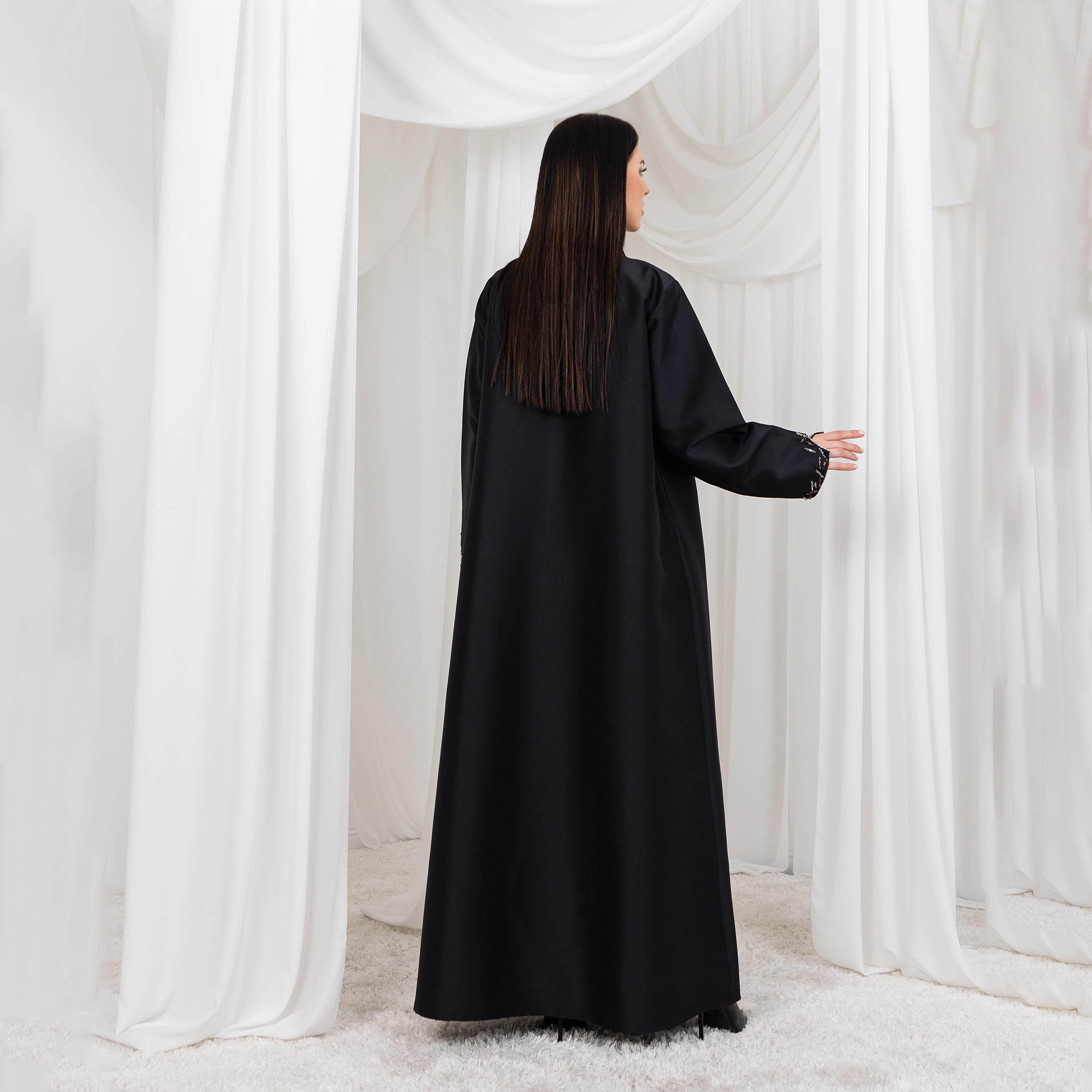 Moistreet Black Beaded Work Asymmetric Neck Slit Cuff Sleeves Bridal Satin Women's Abaya with Hijab-women-arabicclothing-abayas-image-4