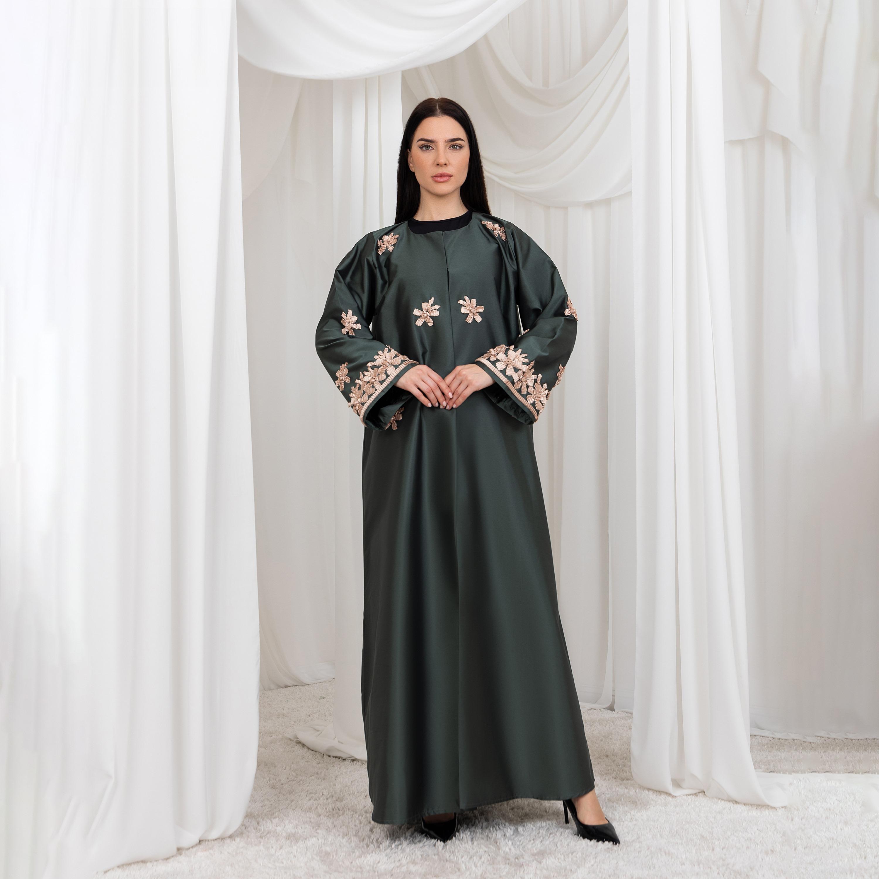 Moistreet Green Floral Applique Designed Cuff Sleeves Victoria Satin Women's Abaya with Hijab-women-arabicclothing-abayas-image-1